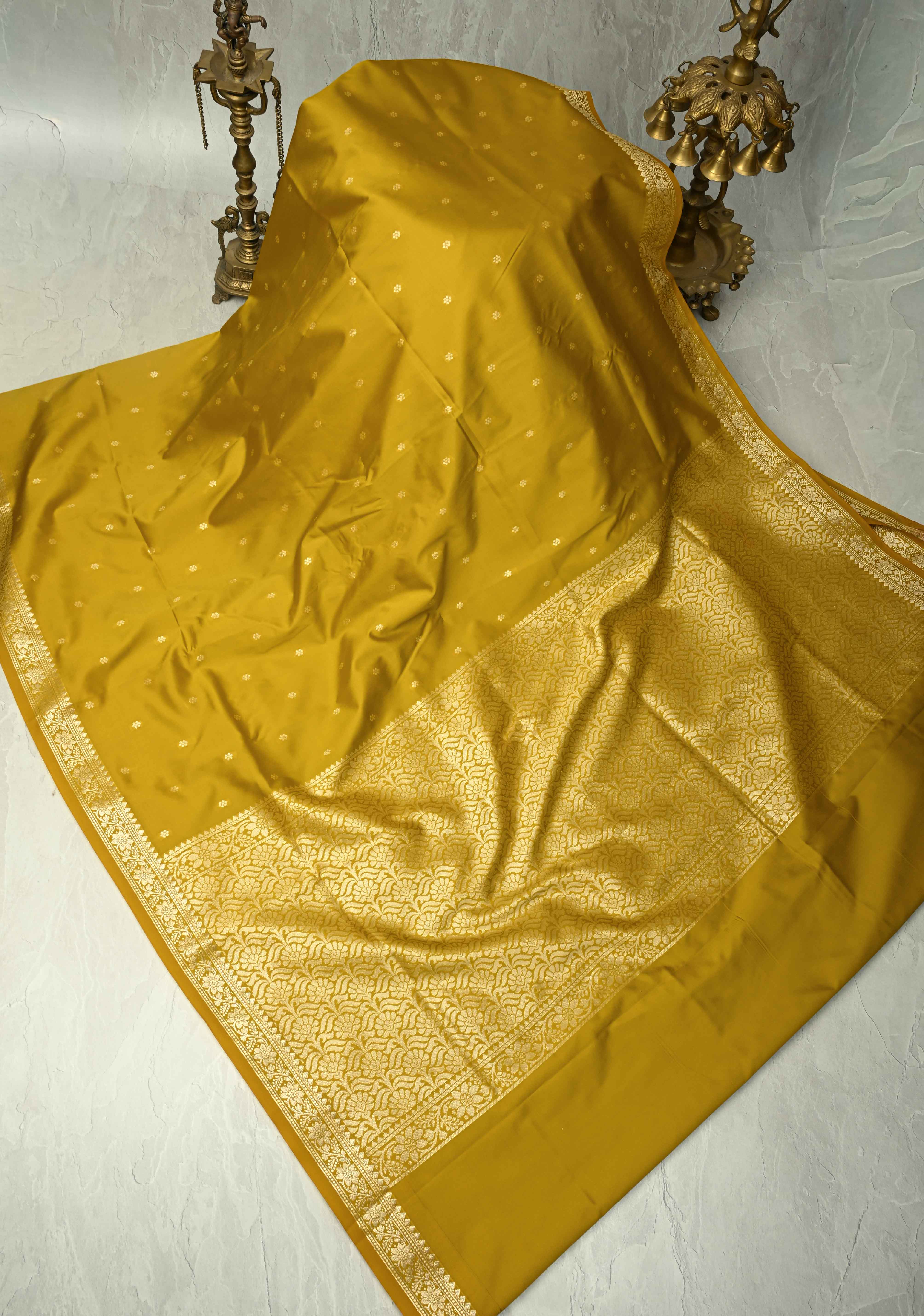 Frost Mustard Yellow Semi Silk Saree with Chunri Buttis and Minimal Zari Border