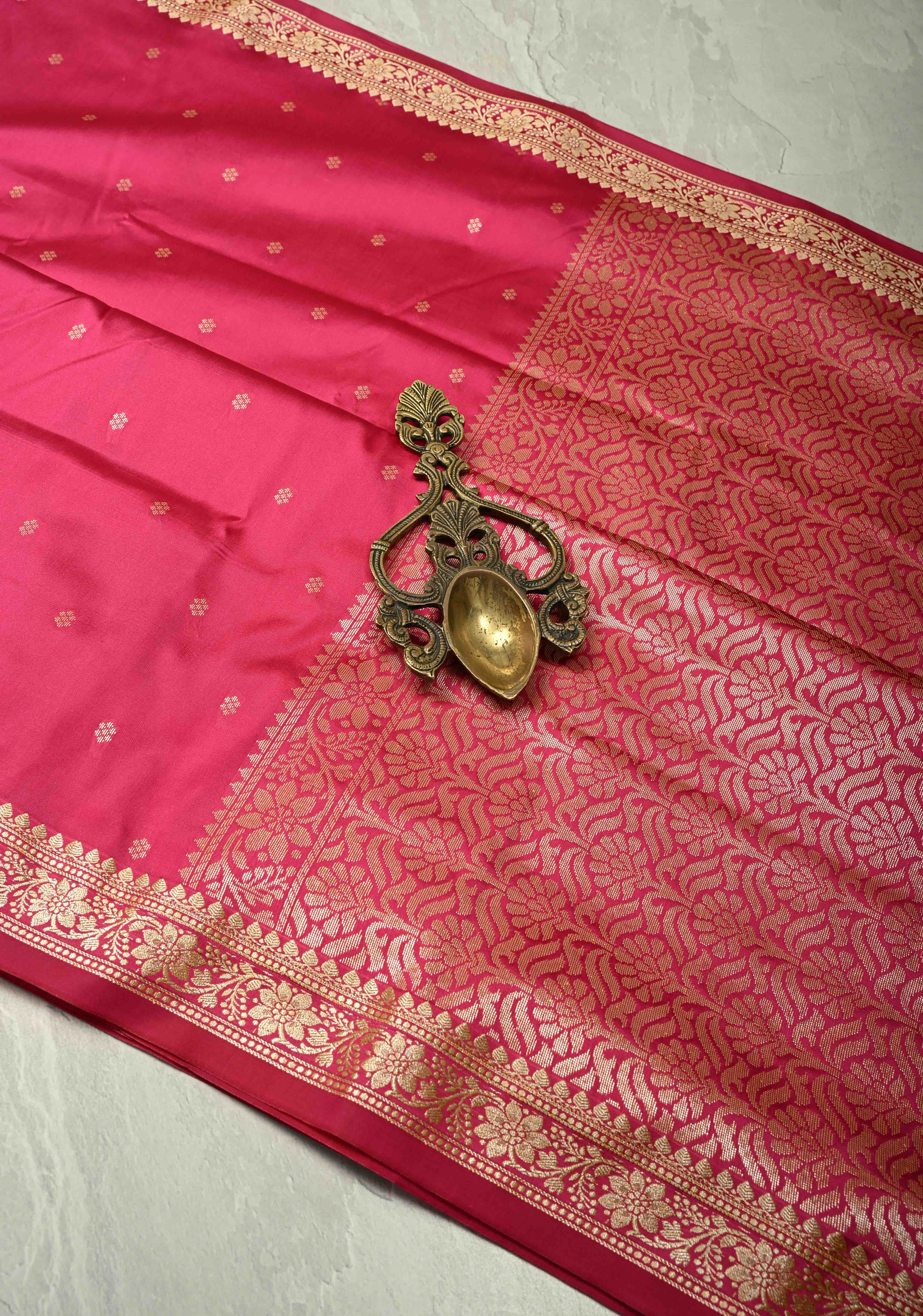 Deep Pink Semi Silk Saree with Chunri Buttis and Minimal Zari Border