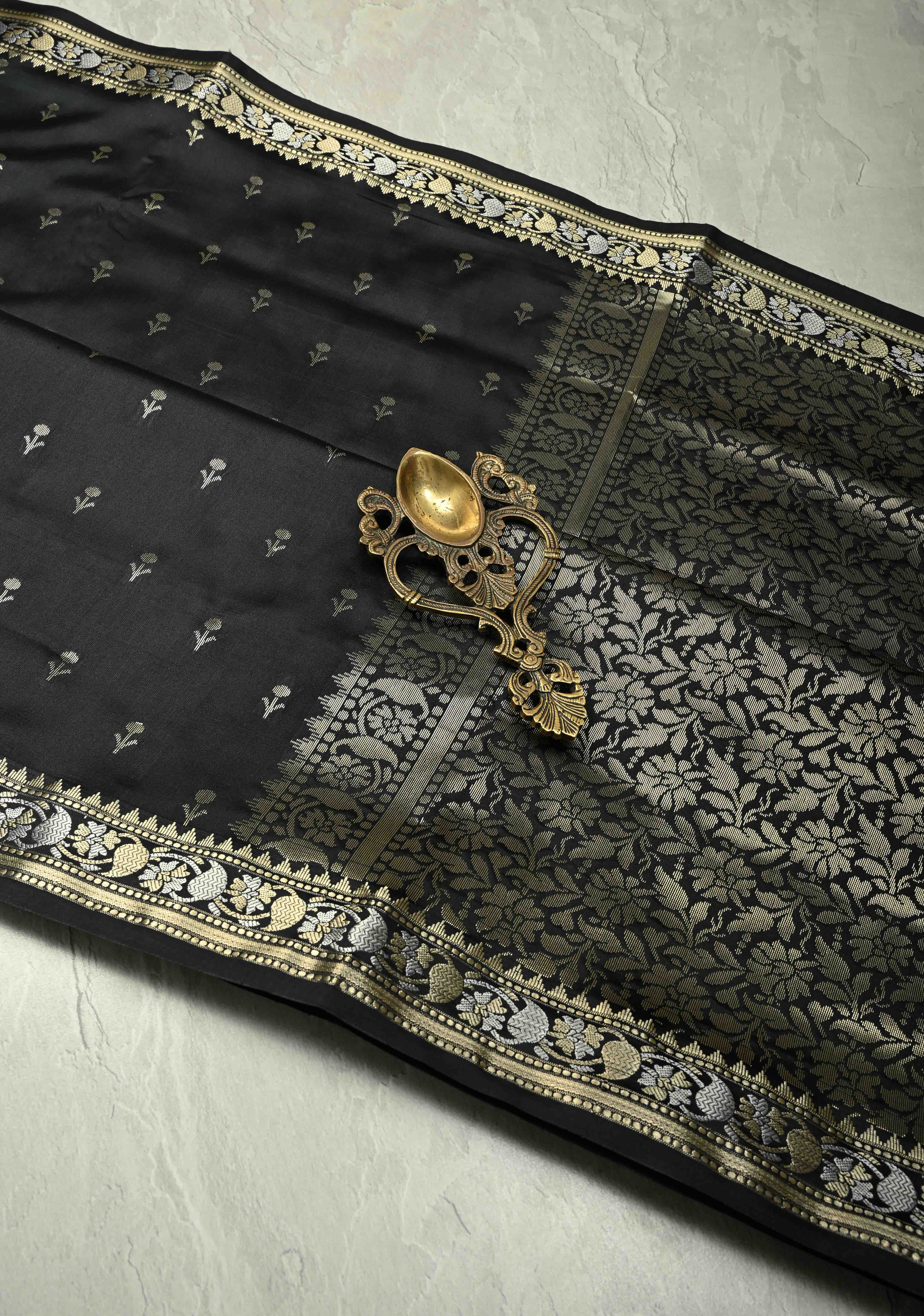 Black Semi Silk Saree with Floral Buttis and Alfi Zari Border