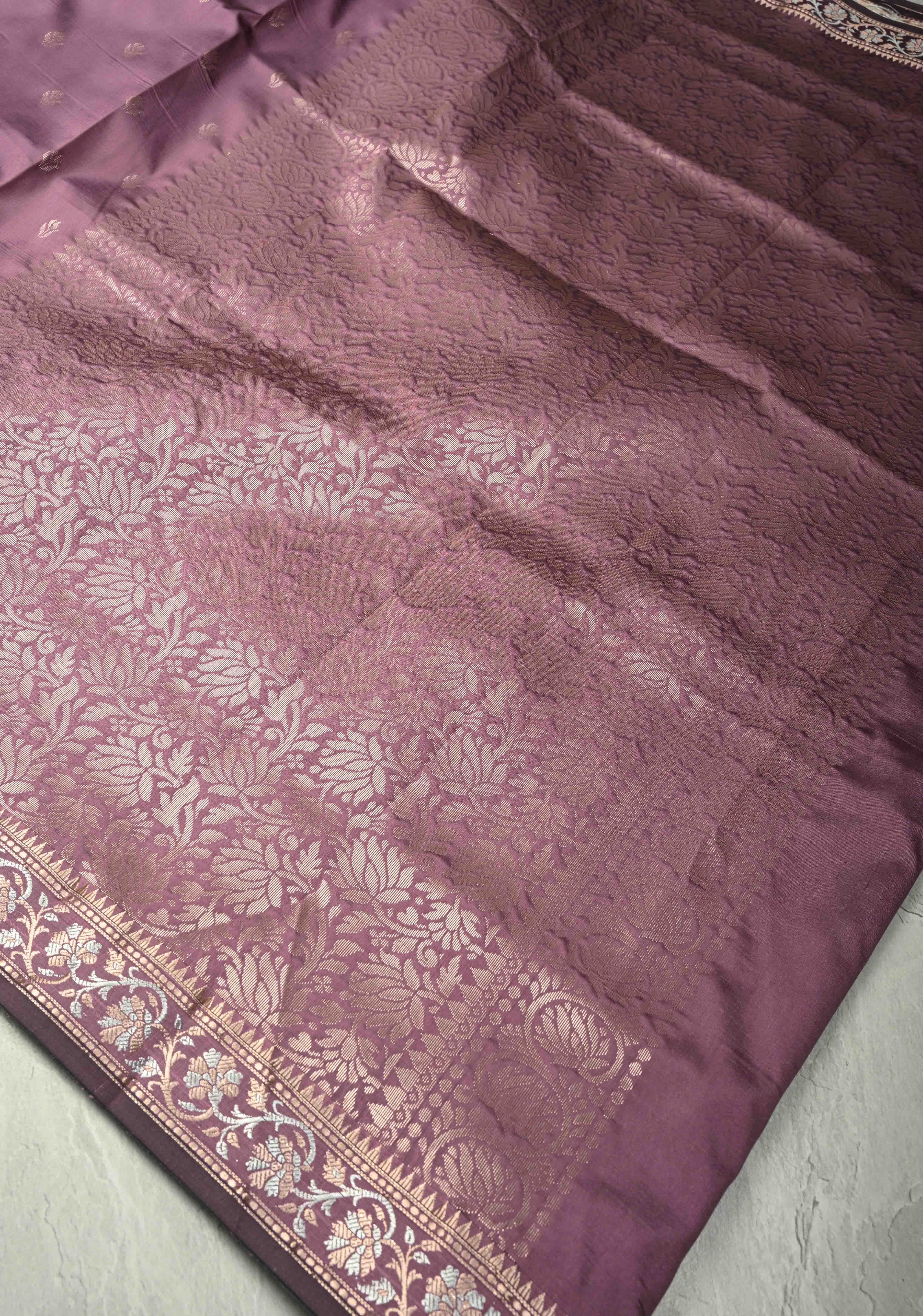 Dark Mauve Semi Silk Saree with Floral Buttas and Alfi Zari Border | Shobitam