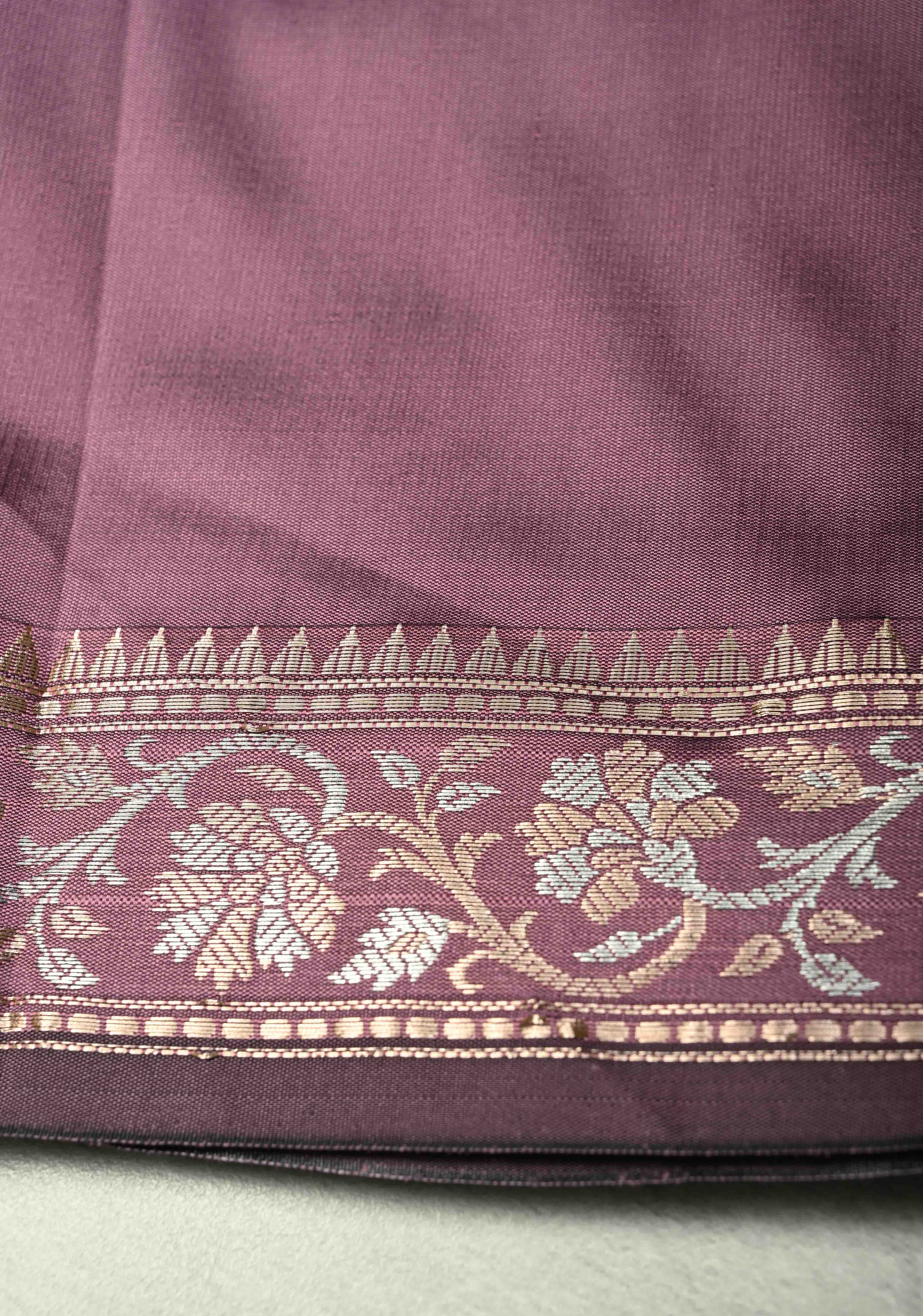 Dark Mauve Semi Silk Saree with Floral Buttas and Alfi Zari Border | Shobitam