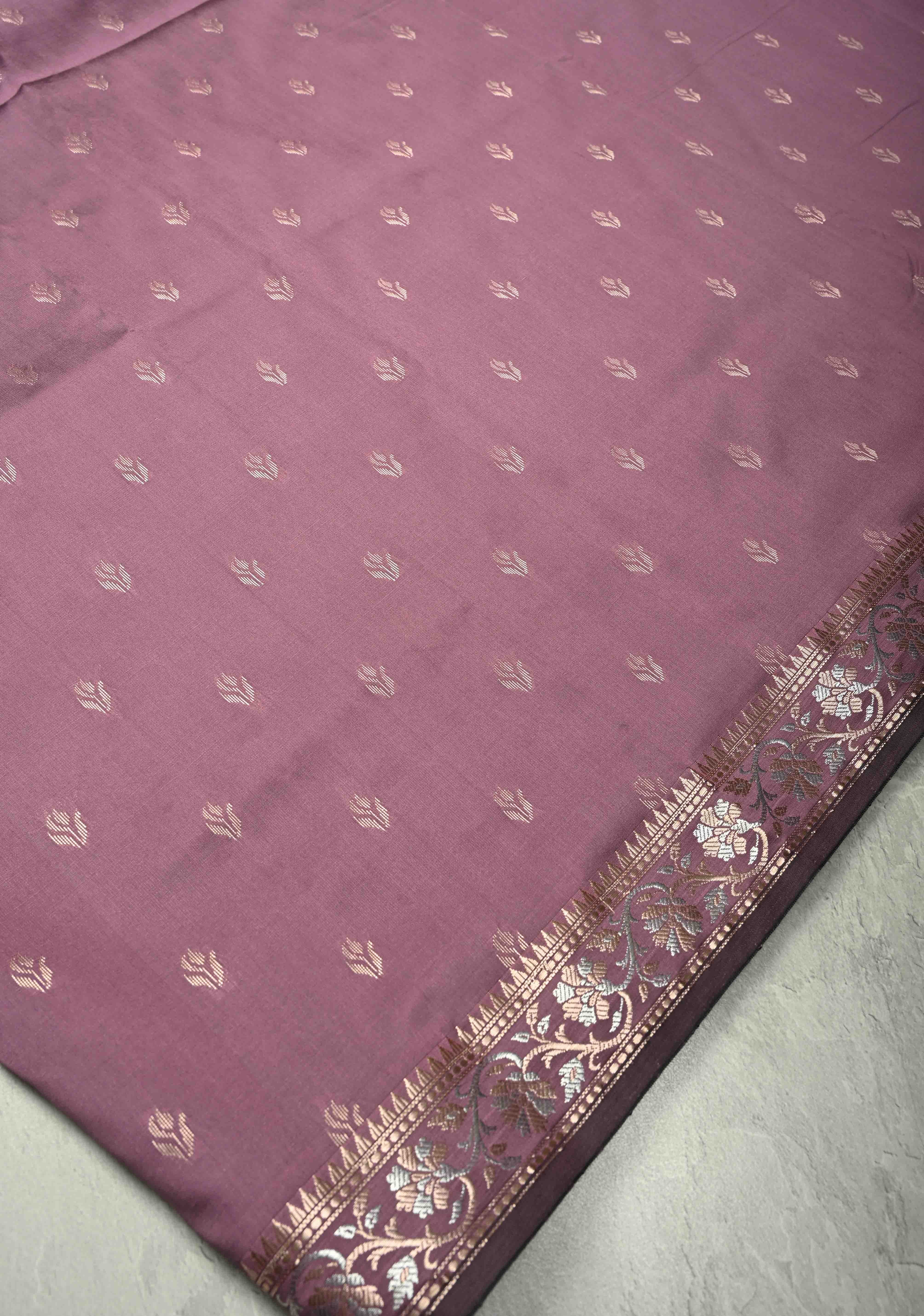 Dark Mauve Semi Silk Saree with Floral Buttas and Alfi Zari Border | Shobitam