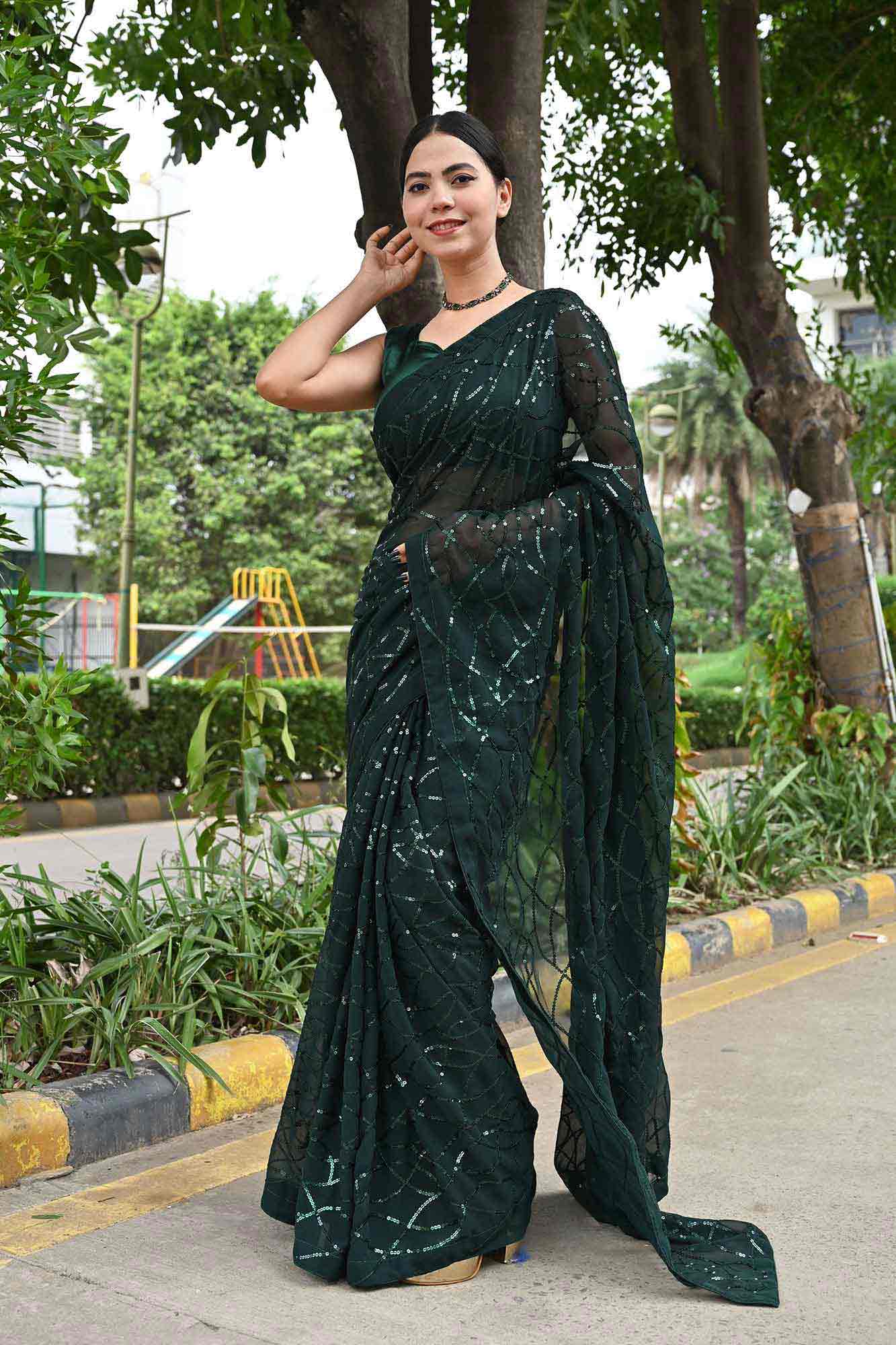 Party Style Rich Green sequins Embellished  Work All Over Wrap in 1 minute saree