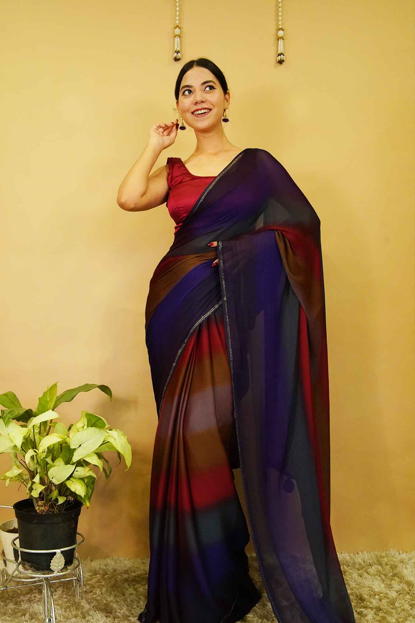 Stylish Colourblocked Soft Chiffon with Stone Sequin Lace and Tassels Pallu Wrap in 1 minute saree