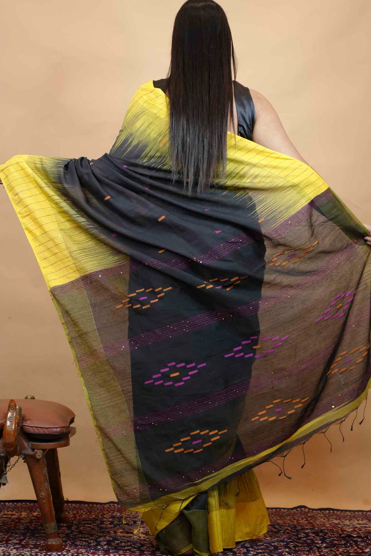 Exquisite Handloom Cotton Kothi with Ikkat Weaving & Temple Border Read To wear Saree