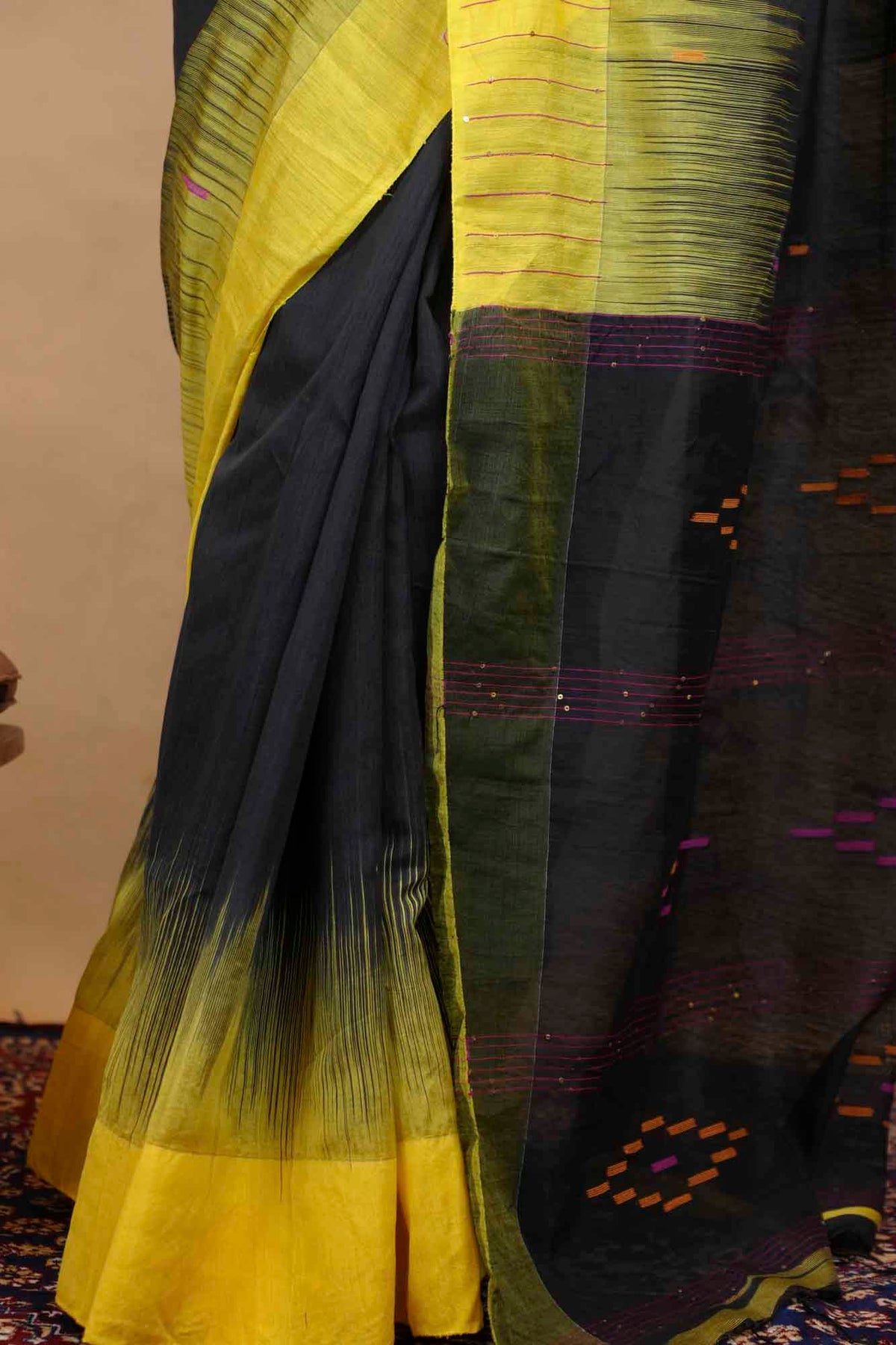 Exquisite Handloom Cotton Kothi with Ikkat Weaving & Temple Border Read To wear Saree