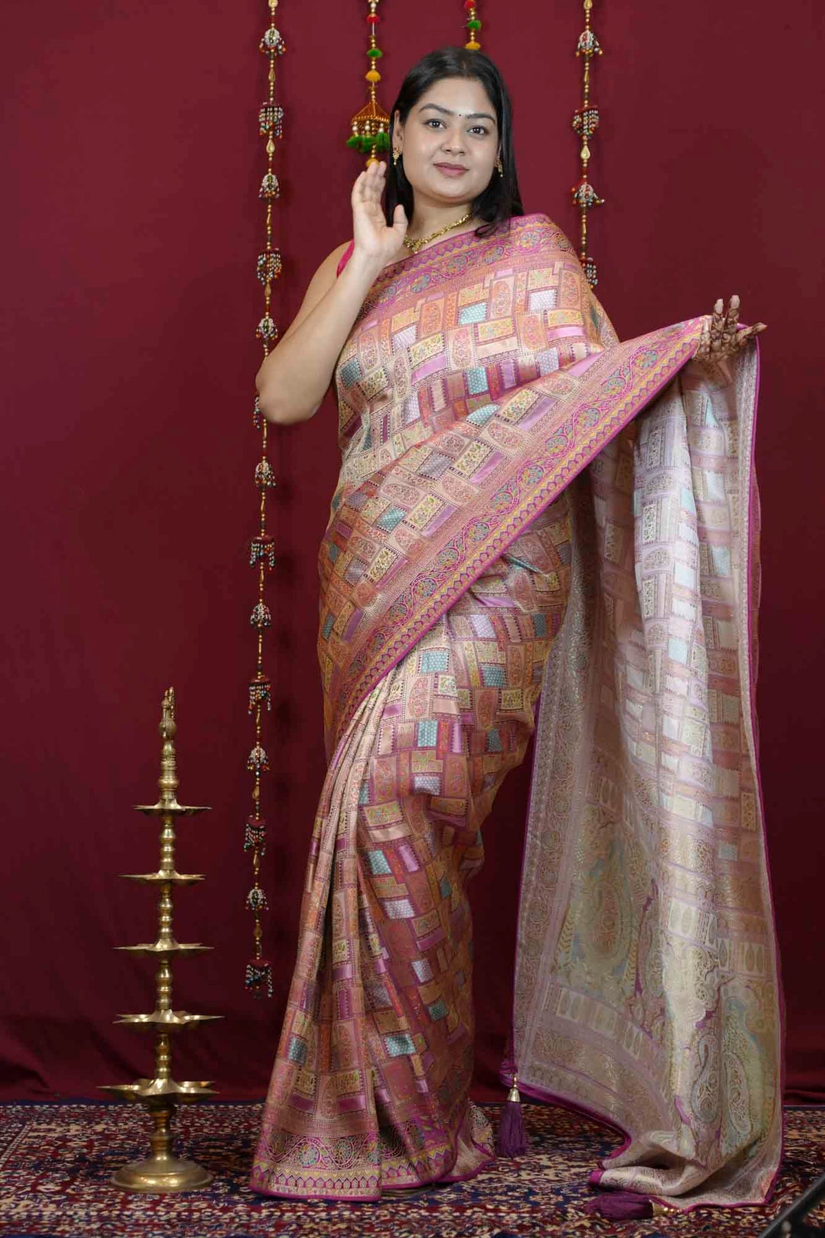 premium soft Silk with Geometric Patchwork prestitch saree