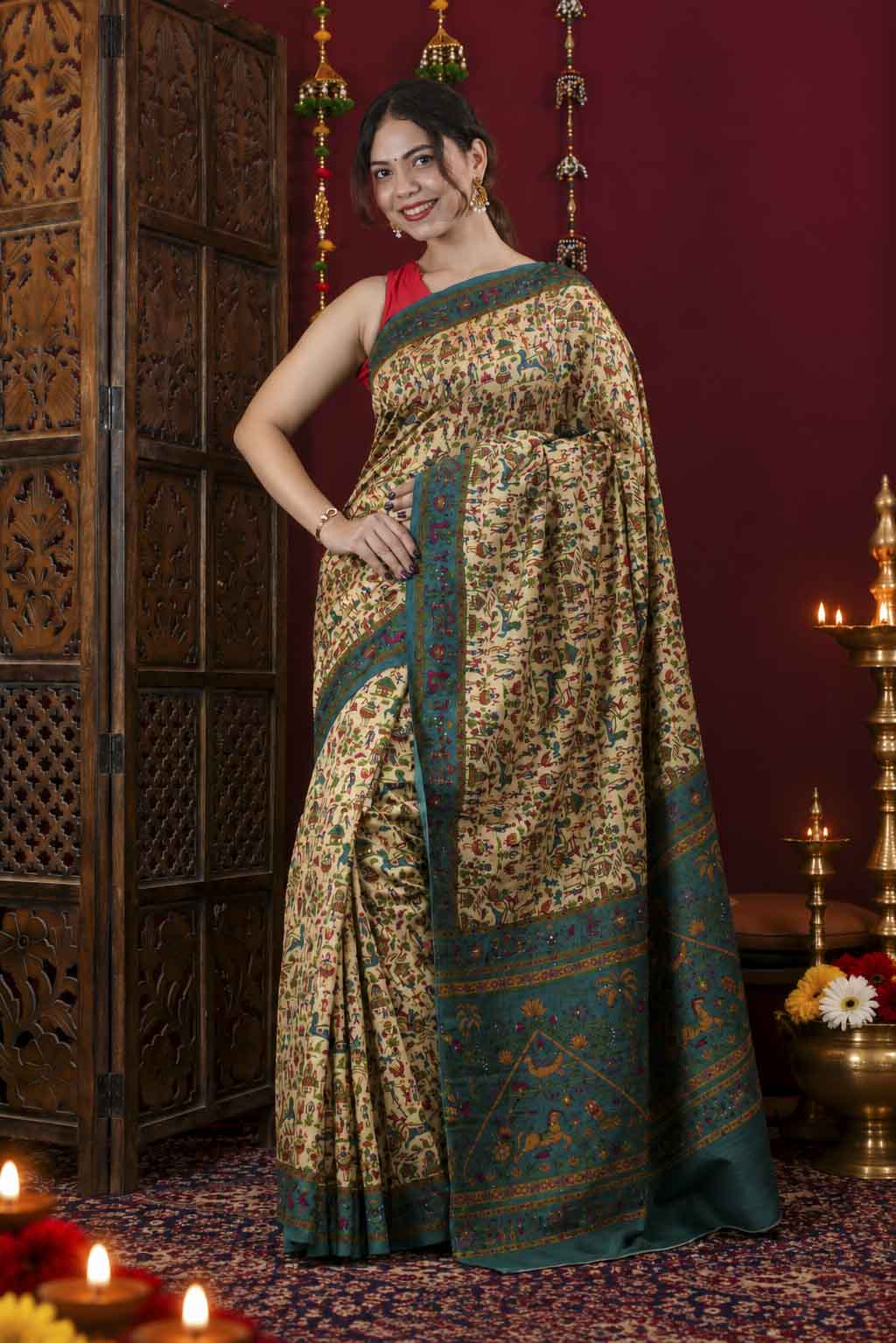 Warli Art Printed Detailed with thread and sequin prestitch saree