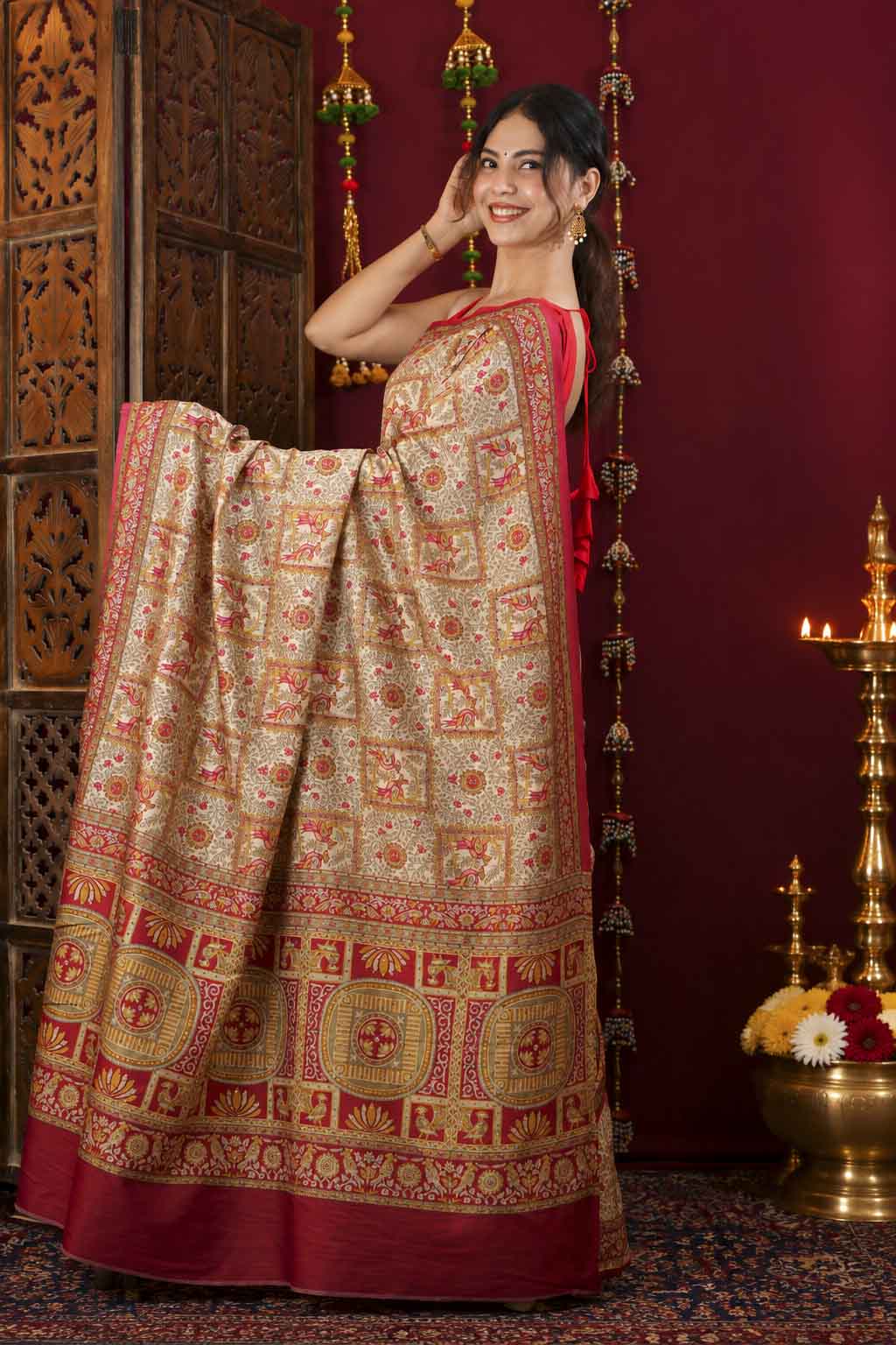 Kalamakari & floral Printed Detailed With Thread And Sequin 1 minute Saree