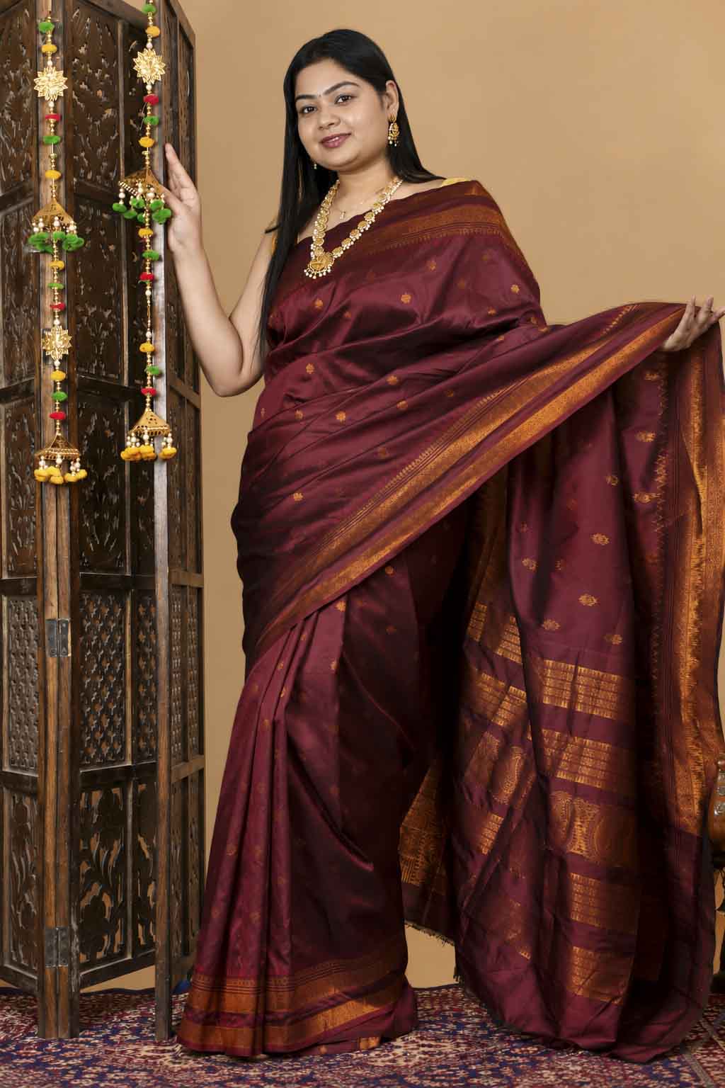 Silk  with Gold Zari Checks & Traditional Border Ready To Wear Saree
