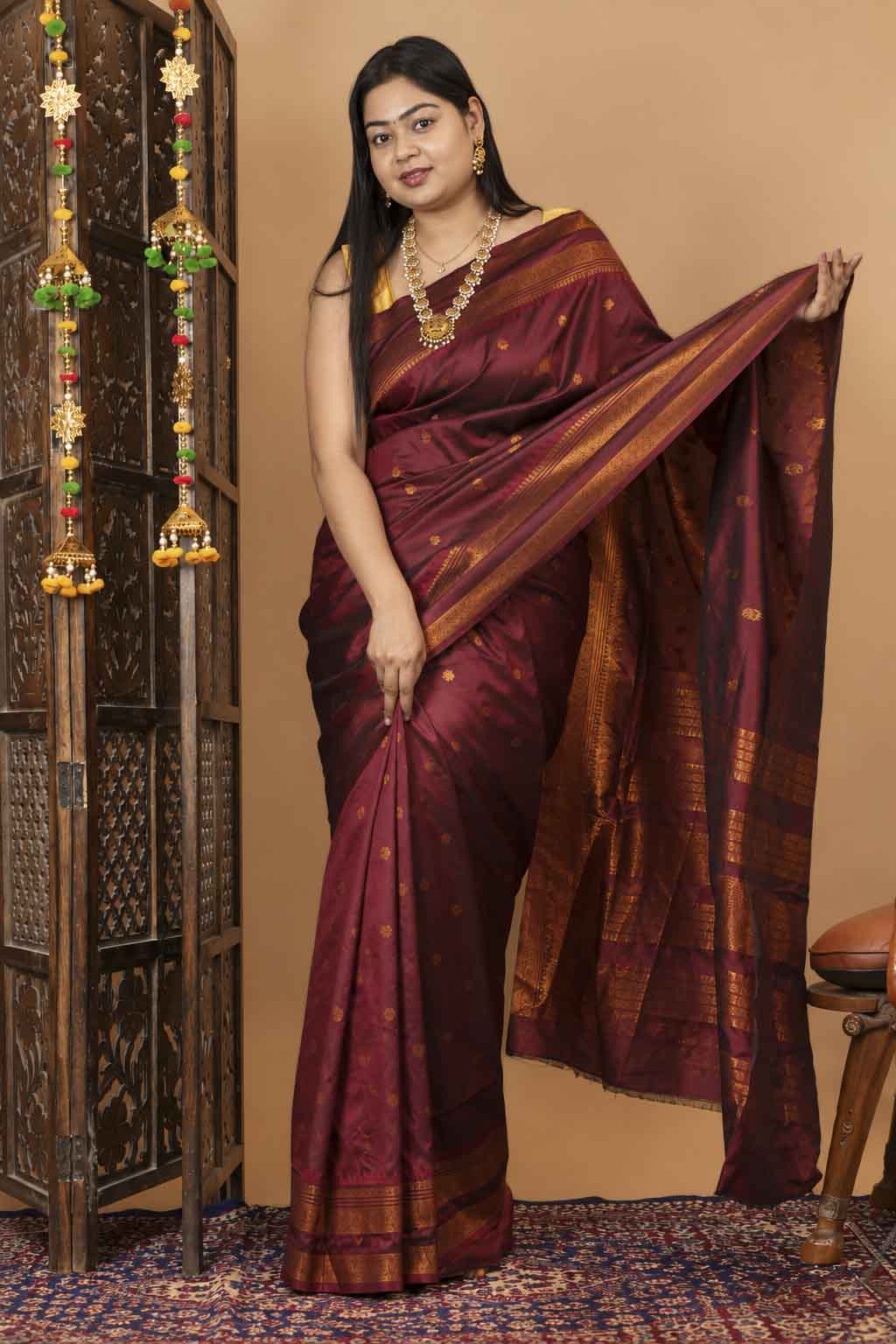 Silk  with Gold Zari Checks & Traditional Border Ready To Wear Saree