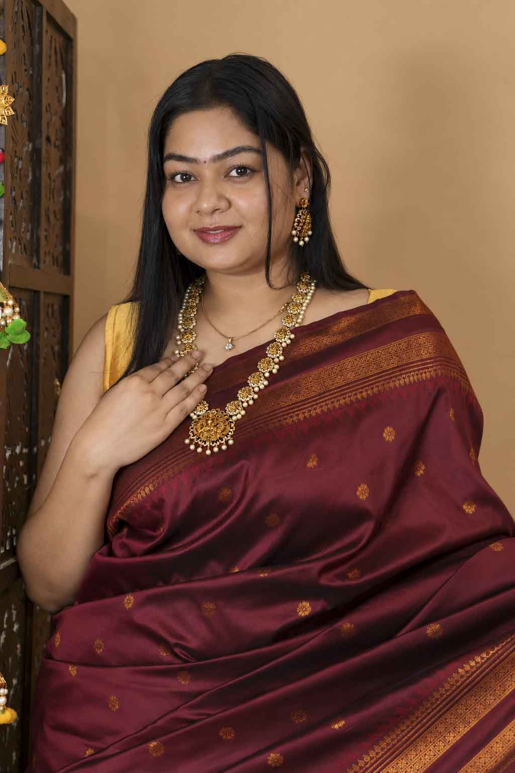 Silk  with Gold Zari Checks & Traditional Border Ready To Wear Saree