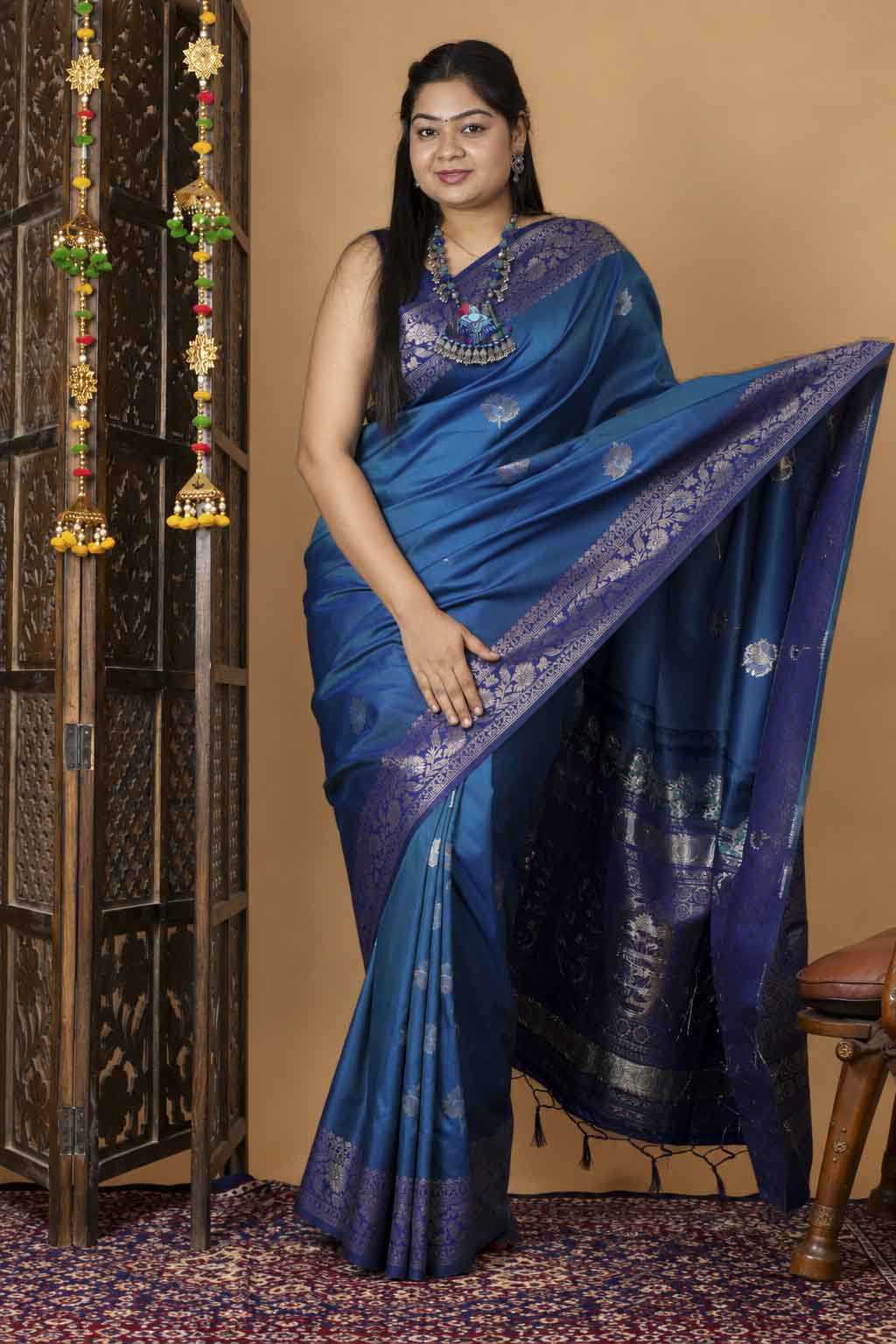 Teal Blue Woven Silk with Zari Peacock Border Ready To Wear Saree