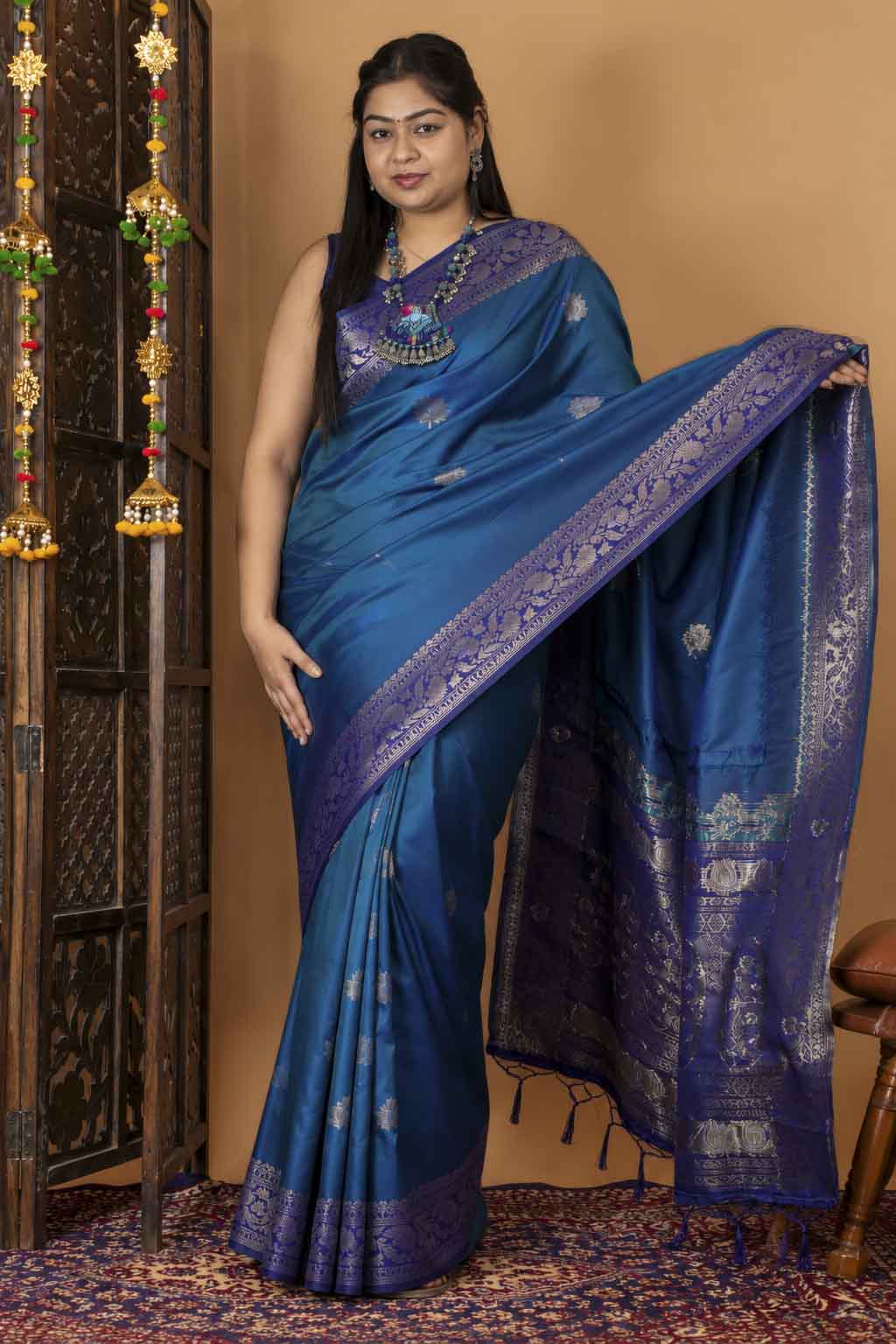 Teal Blue Woven Silk with Zari Peacock Border Ready To Wear Saree
