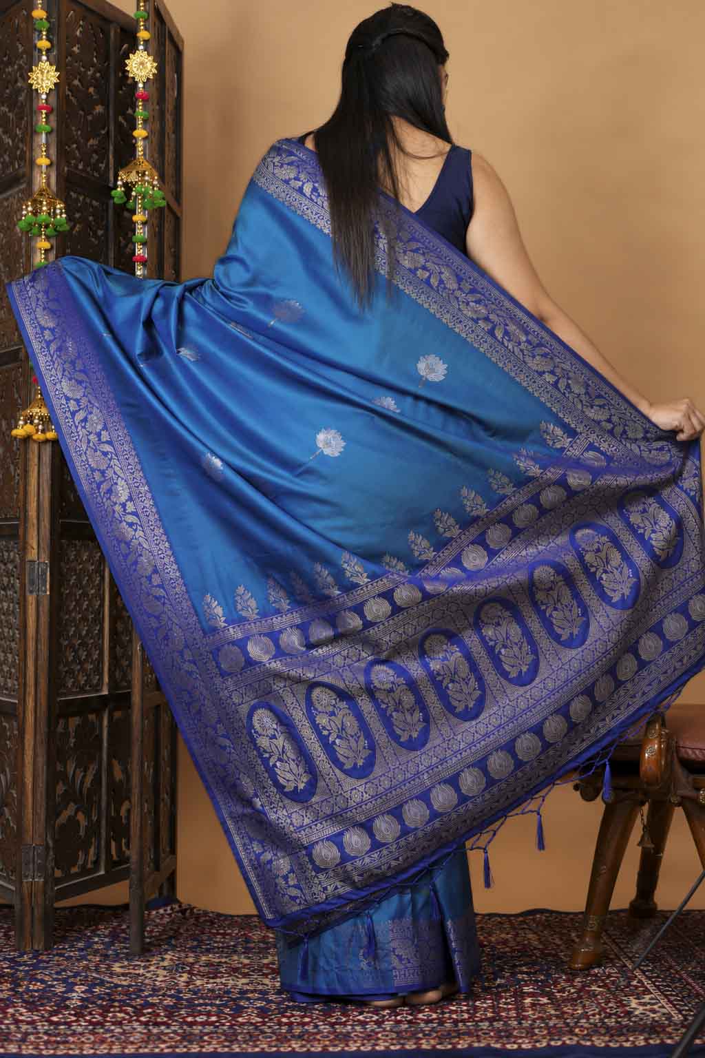 Teal Blue Woven Silk with Zari Peacock Border Ready To Wear Saree