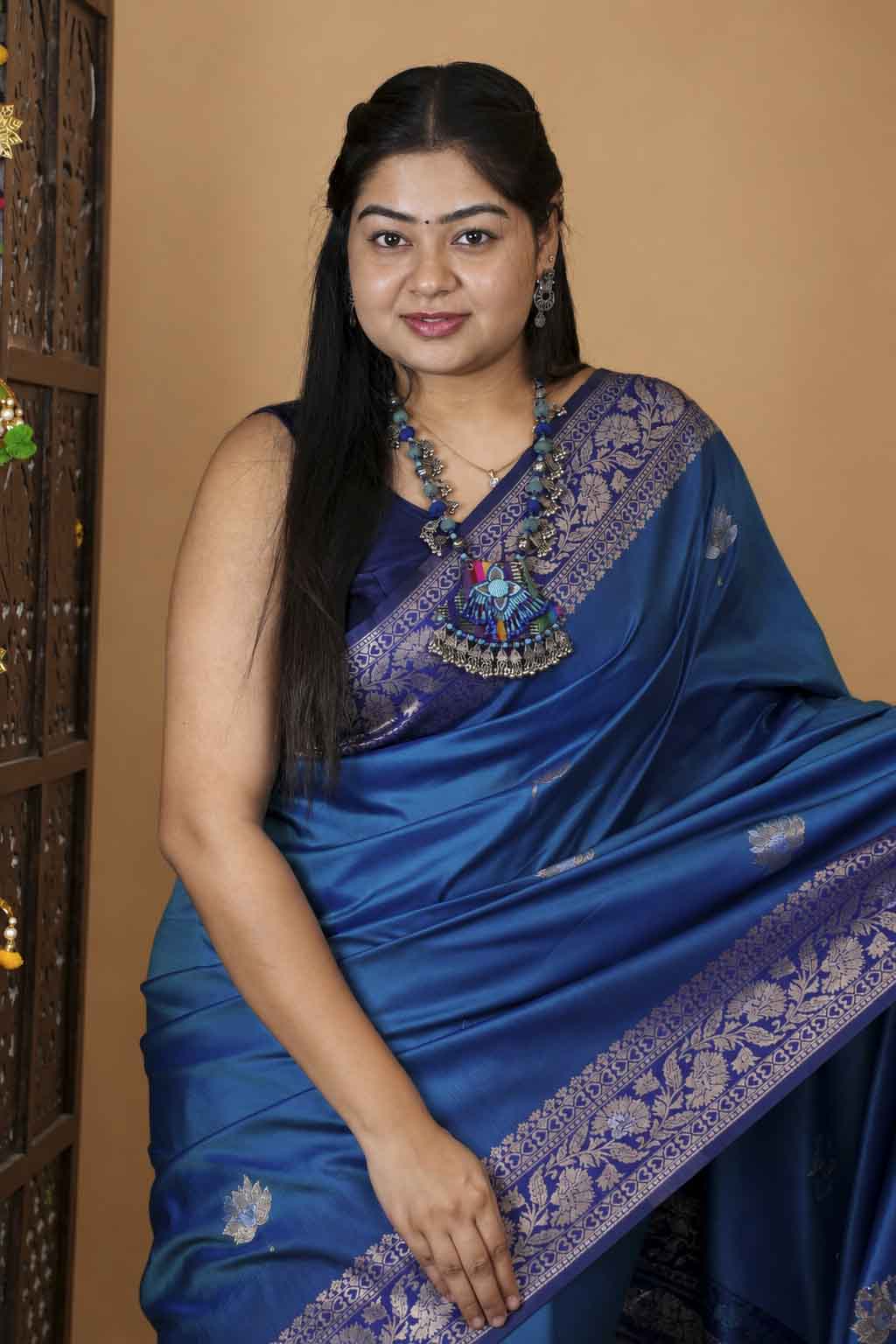 Teal Blue Woven Silk with Zari Peacock Border Ready To Wear Saree