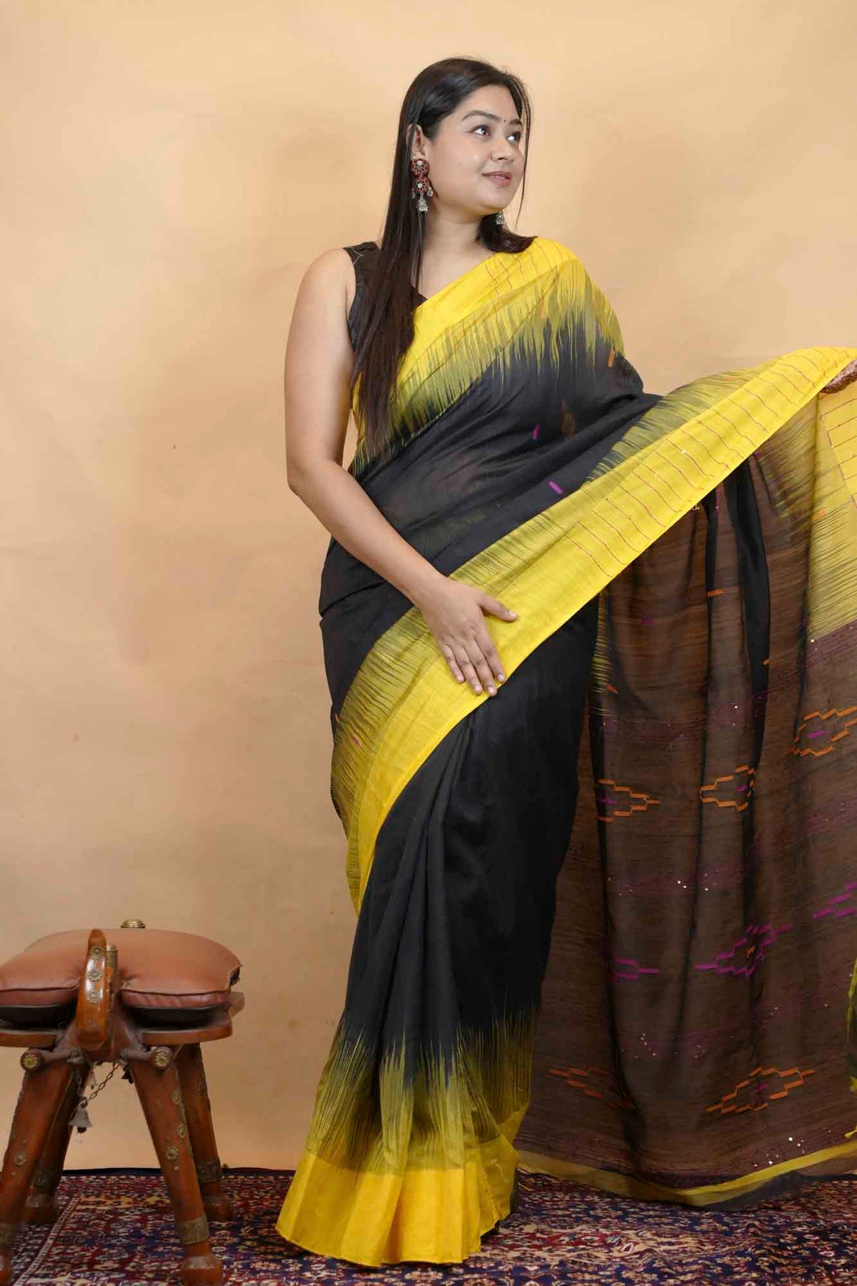 Exquisite Handloom Cotton Kothi with Ikkat Weaving & Temple Border Read To wear Saree