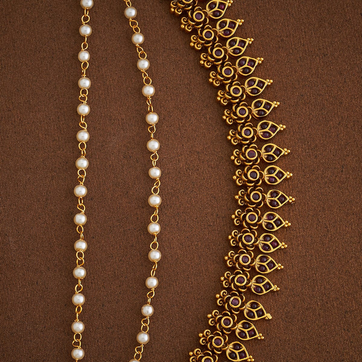 Antique Gold-Plated Floral Design with Stone-Studded and Pearls Layered Matil | SHOBITAM