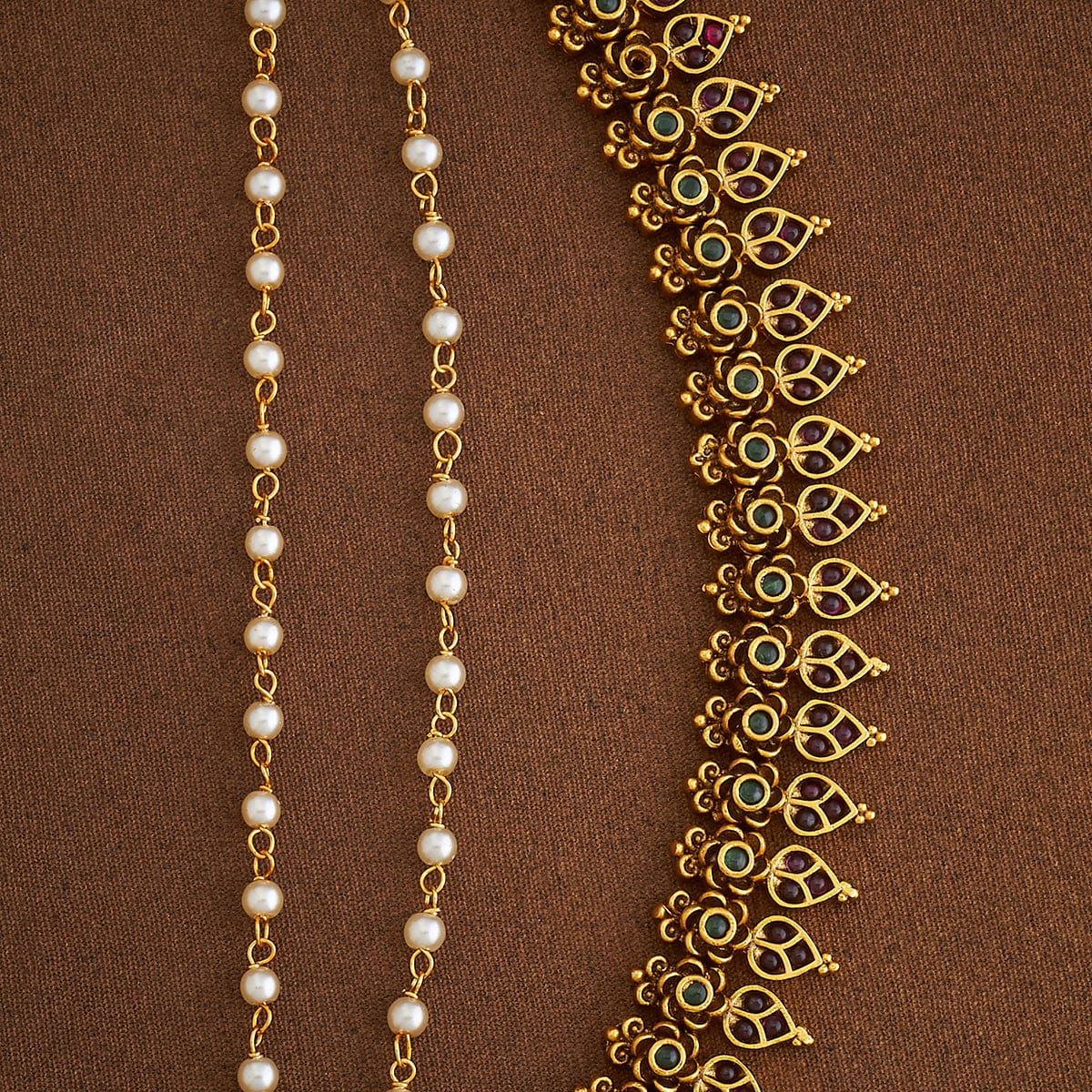 Antique Gold-Plated Floral Design with Stone-Studded and Pearls Layered Matil | SHOBITAM