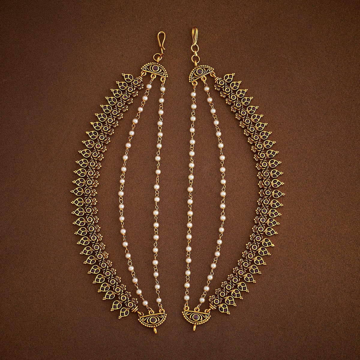 Antique Gold-Plated Floral Design with Stone-Studded and Pearls Layered Matil | SHOBITAM