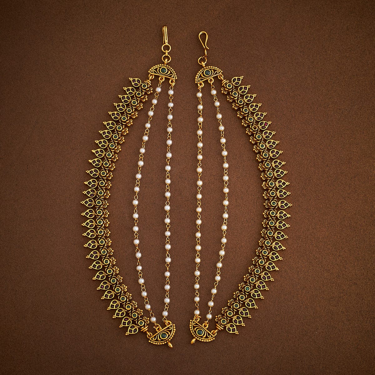Antique Gold-Plated Floral Design with Stone-Studded and Pearls Layered Matil | SHOBITAM