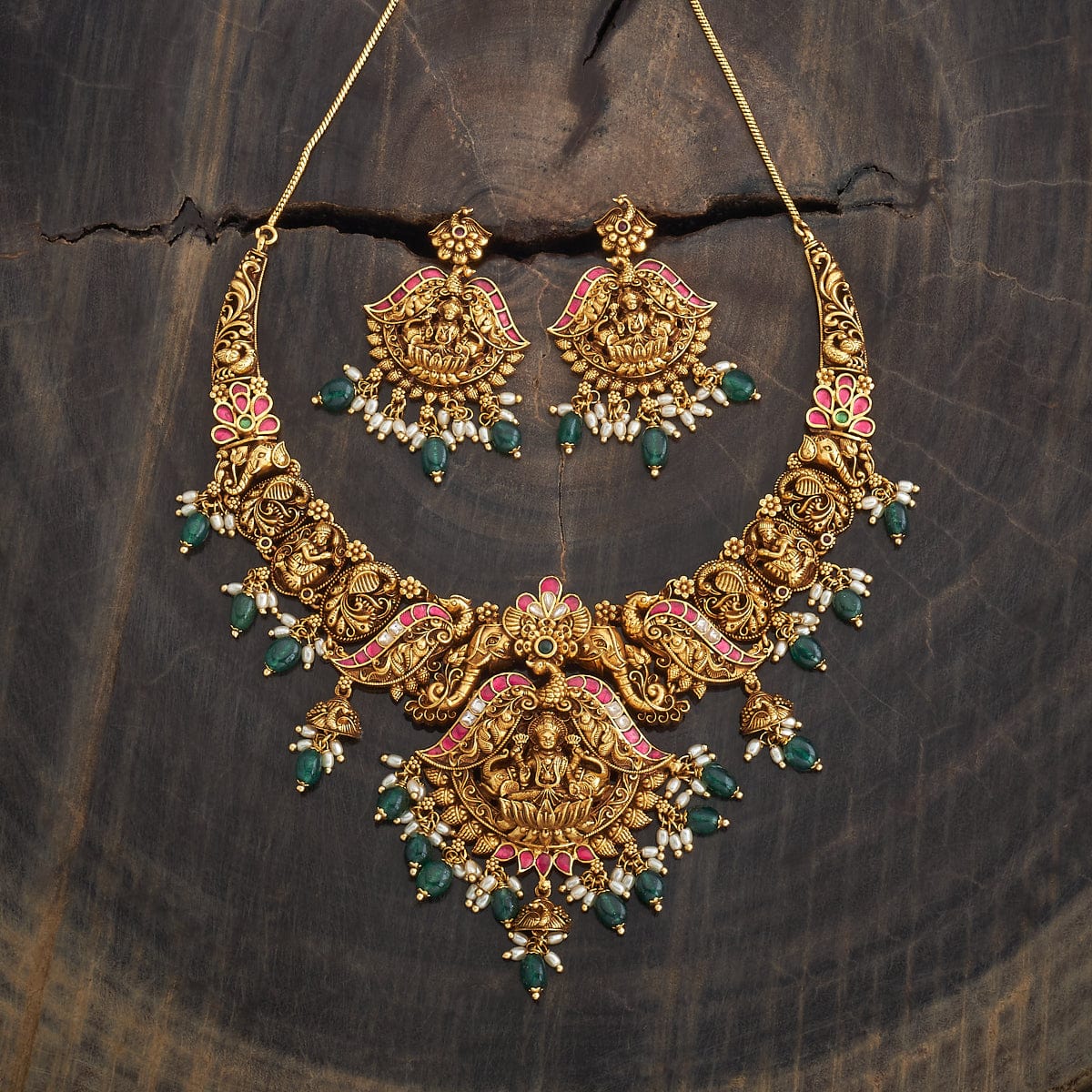 Lakshmi And Elephant Antique Short Necklace Set With Red And Green Stone And Dangling Beads | SHOBITAM