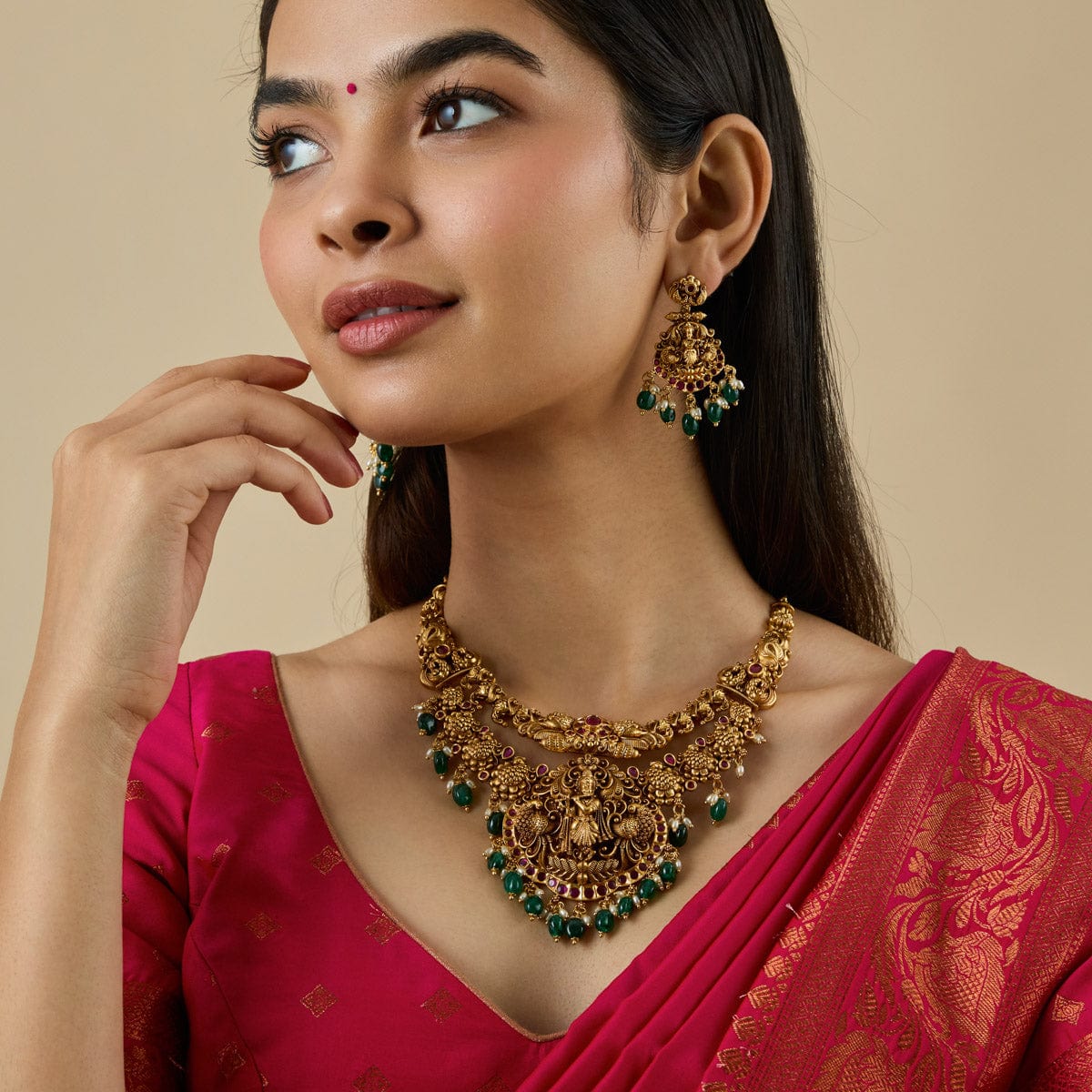 Double Layered Sri Krishna And Peacock Antique Short Necklace Set With Red Stone And Dangling Beads And Pearls | SHOBITAM