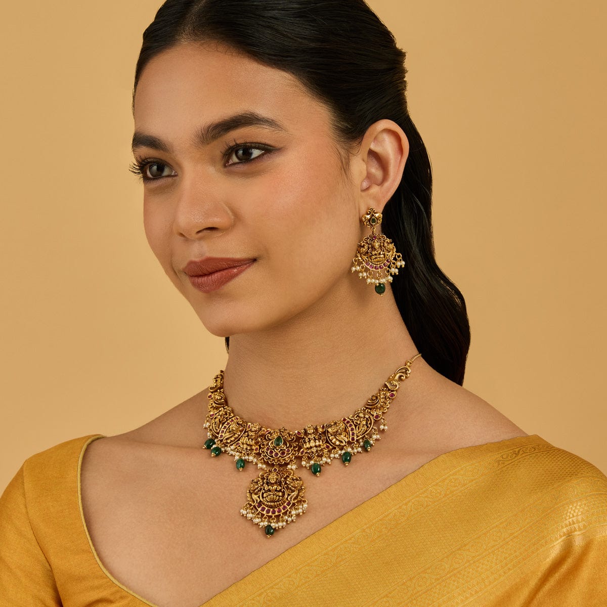 Peacock And Lakshmi Antique Short Necklace Set With Red-green Stone And Dangling Beads And Pearls | SHOBITAM