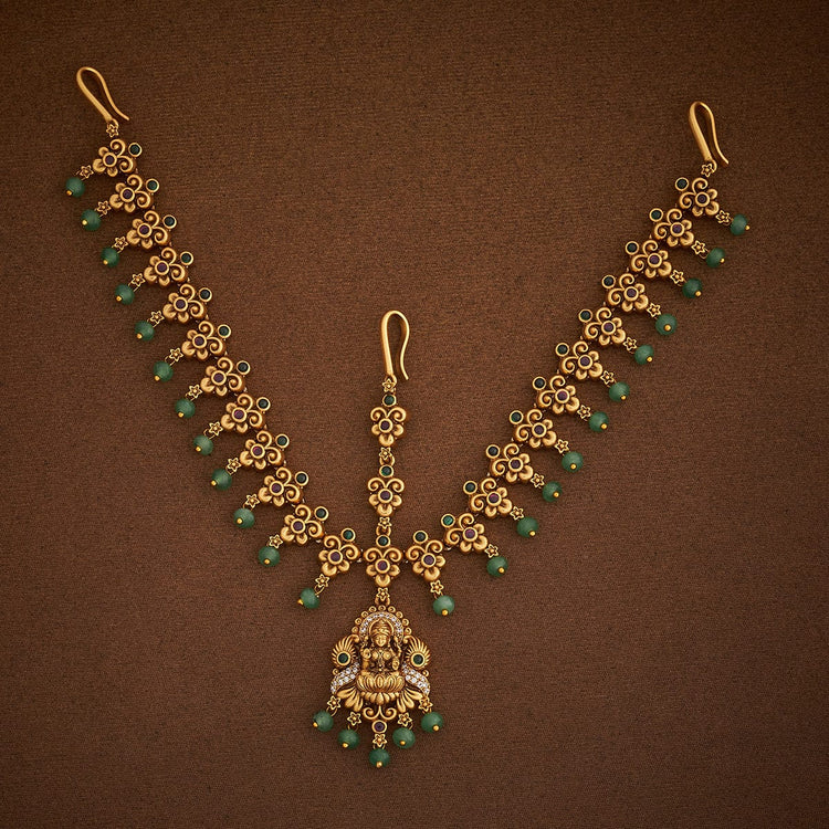 Fashion Jewellery with Lakshmi Pendant Antique Tikka with Dangling Pearls | Shobitam
