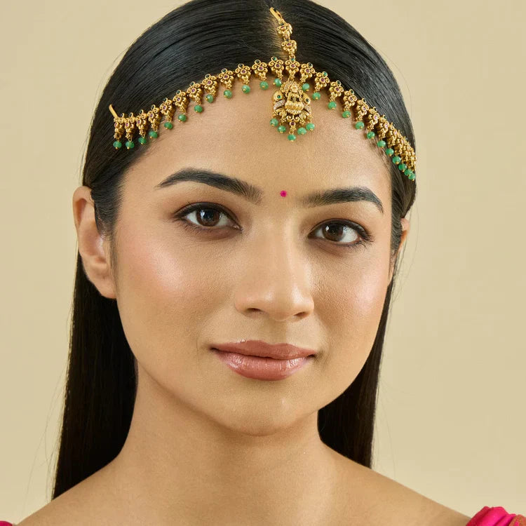 Fashion Jewellery with Lakshmi Pendant Antique Tikka with Dangling Pearls | Shobitam