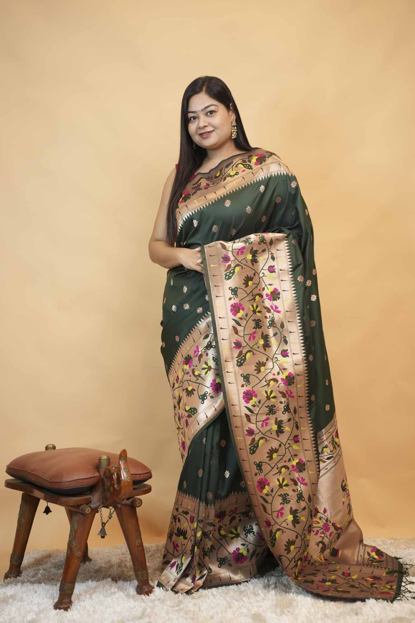 Beautiful Paithani Bottle Green With Madhubani Art  & Buttis Overall Pre Draped Saree
