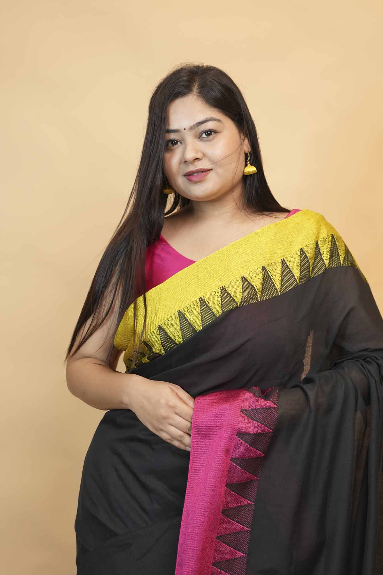 Elegant Black Cotton  with Contrast Pink & Yellow Woven Border Predrape Saree