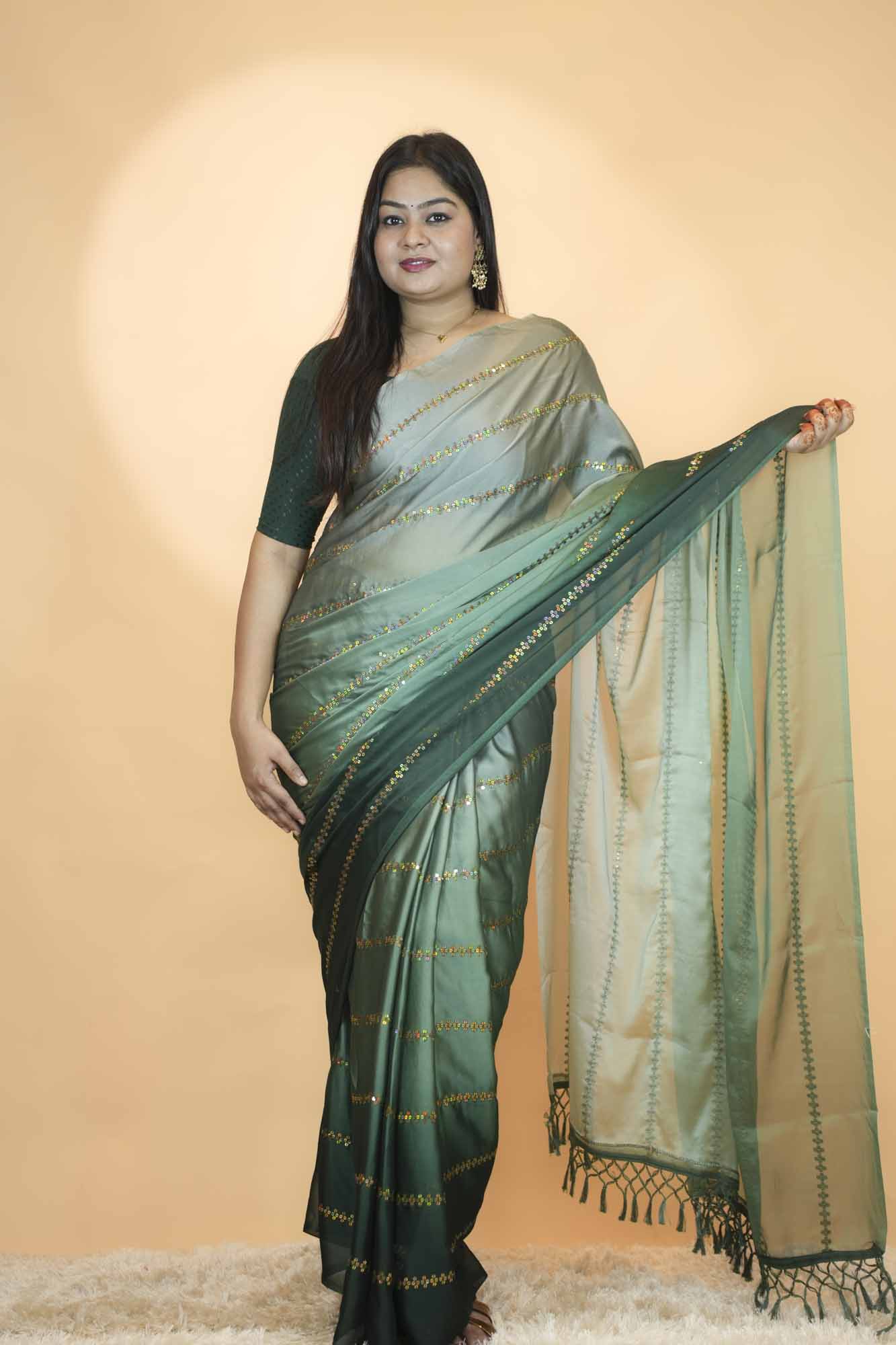 Elegant Green Ombre Soft  Satin  Silk  with Gold Woven Stripes & Tassel Pallu Ready To Wear Saree