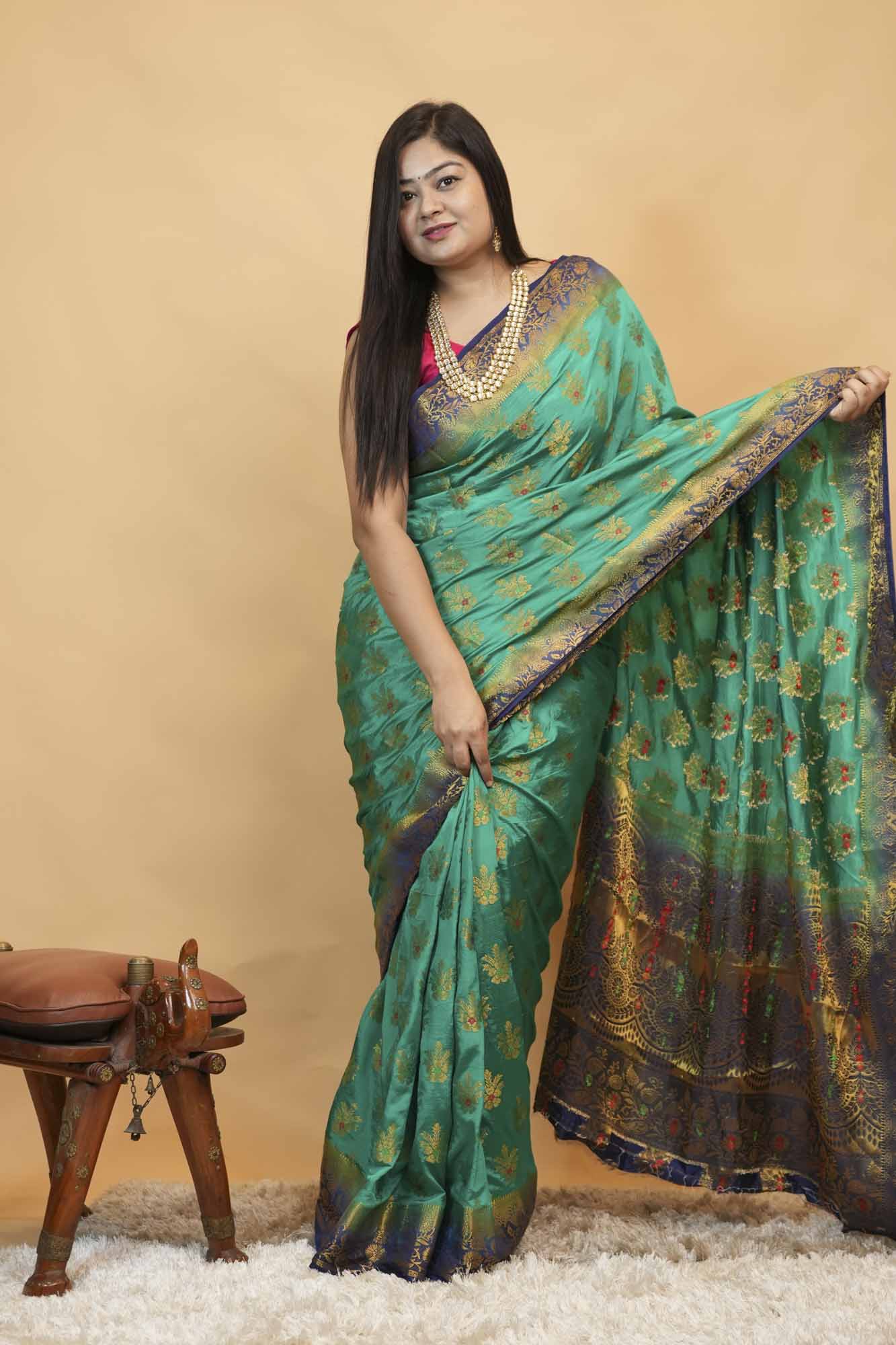 Premium Turquoise Banarasi Silk  with Gold Zari Buti & Rich Woven Pallu Ready To Wear Saree