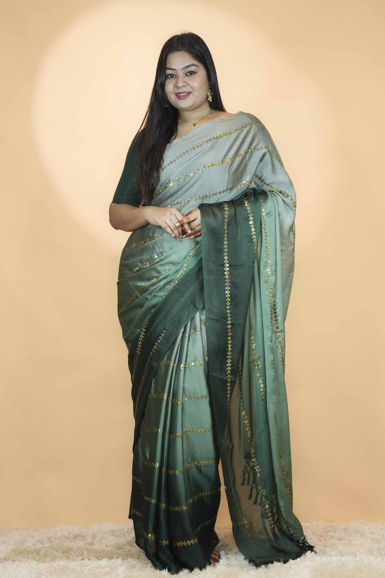 Elegant Green Ombre Soft  Satin  Silk  with Gold Woven Stripes & Tassel Pallu Ready To Wear Saree