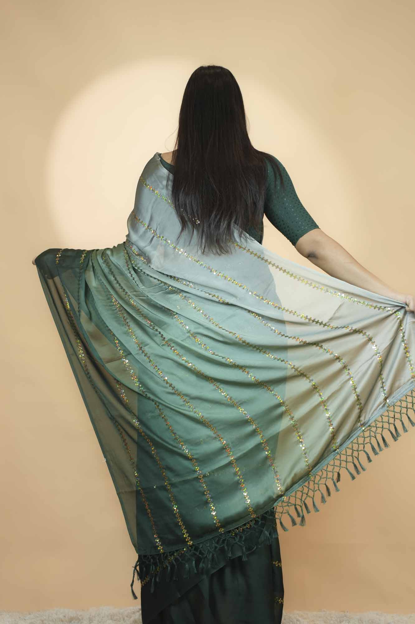 Elegant Green Ombre Soft  Satin  Silk  with Gold Woven Stripes & Tassel Pallu Ready To Wear Saree