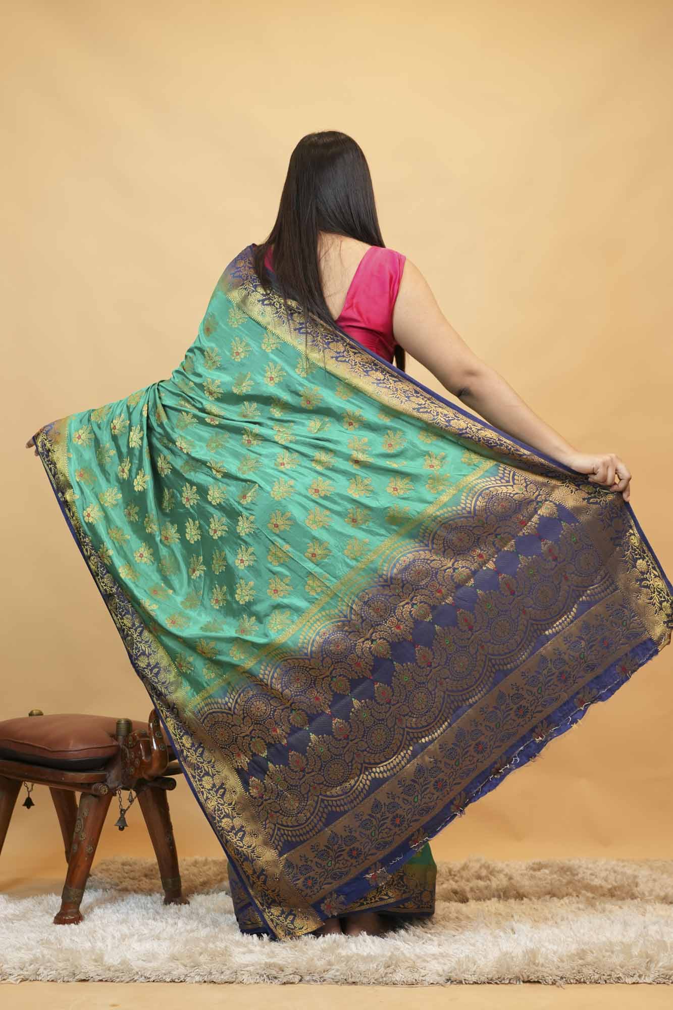 Premium Turquoise Banarasi Silk  with Gold Zari Buti & Rich Woven Pallu Ready To Wear Saree
