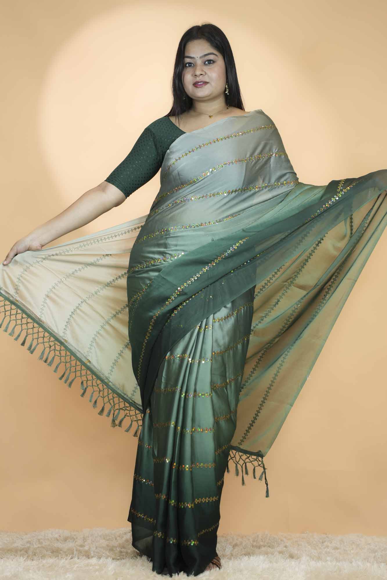 Elegant Green Ombre Soft  Satin  Silk  with Gold Woven Stripes & Tassel Pallu Ready To Wear Saree
