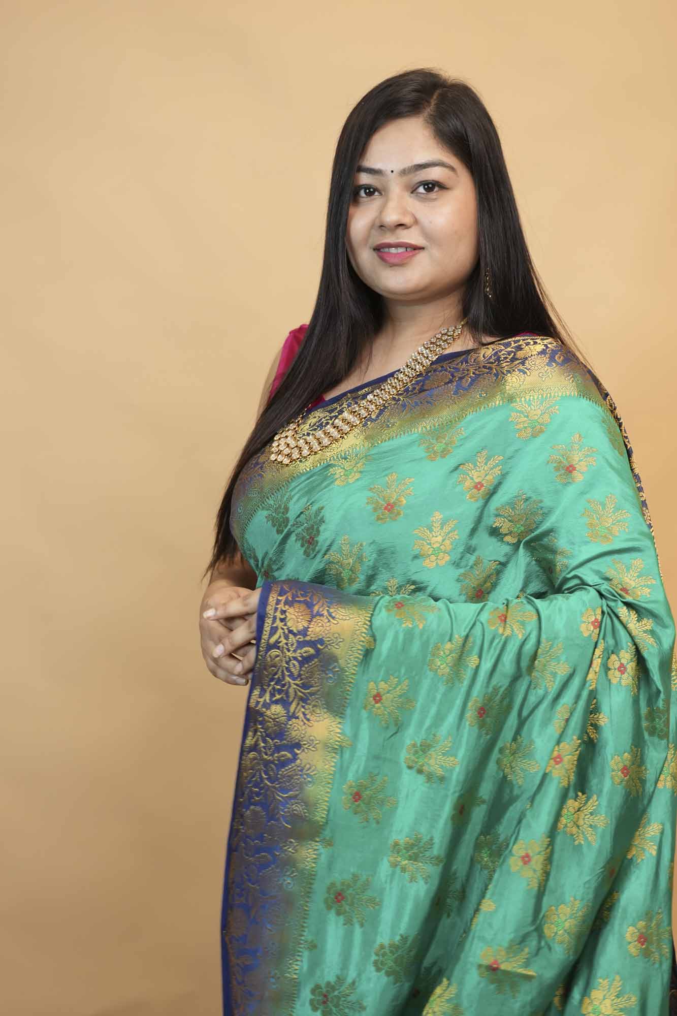 Premium Turquoise Banarasi Silk  with Gold Zari Buti & Rich Woven Pallu Ready To Wear Saree