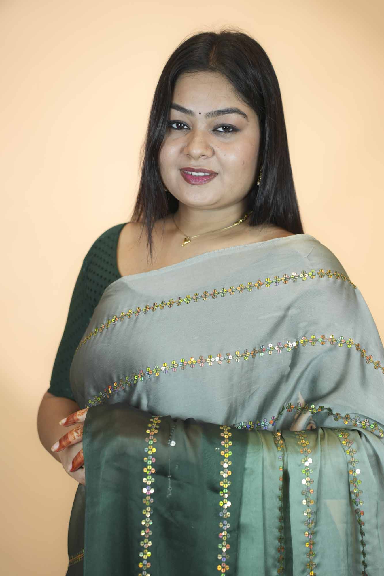 Elegant Green Ombre Soft  Satin  Silk  with Gold Woven Stripes & Tassel Pallu Ready To Wear Saree
