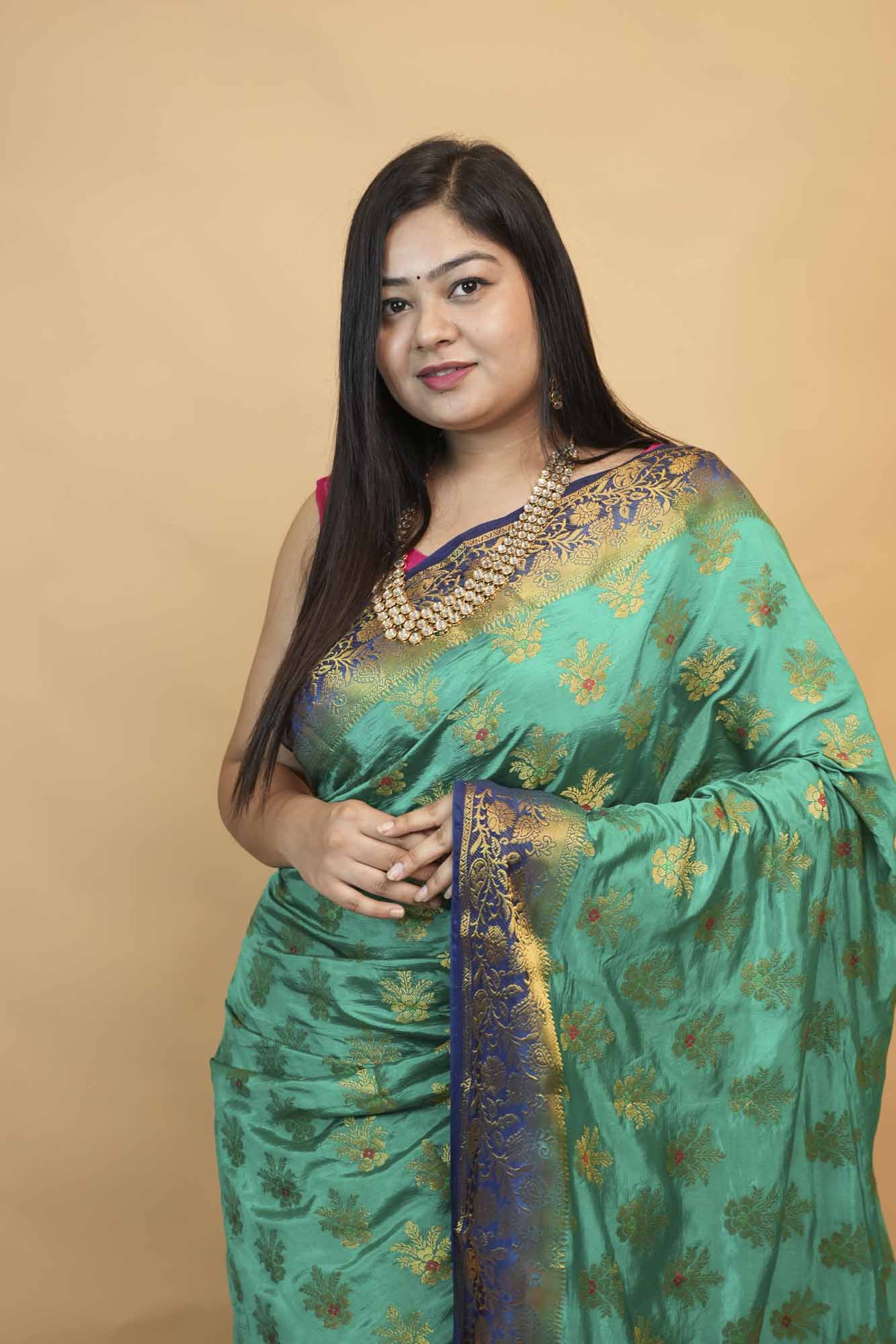 Premium Turquoise Banarasi Silk  with Gold Zari Buti & Rich Woven Pallu Ready To Wear Saree