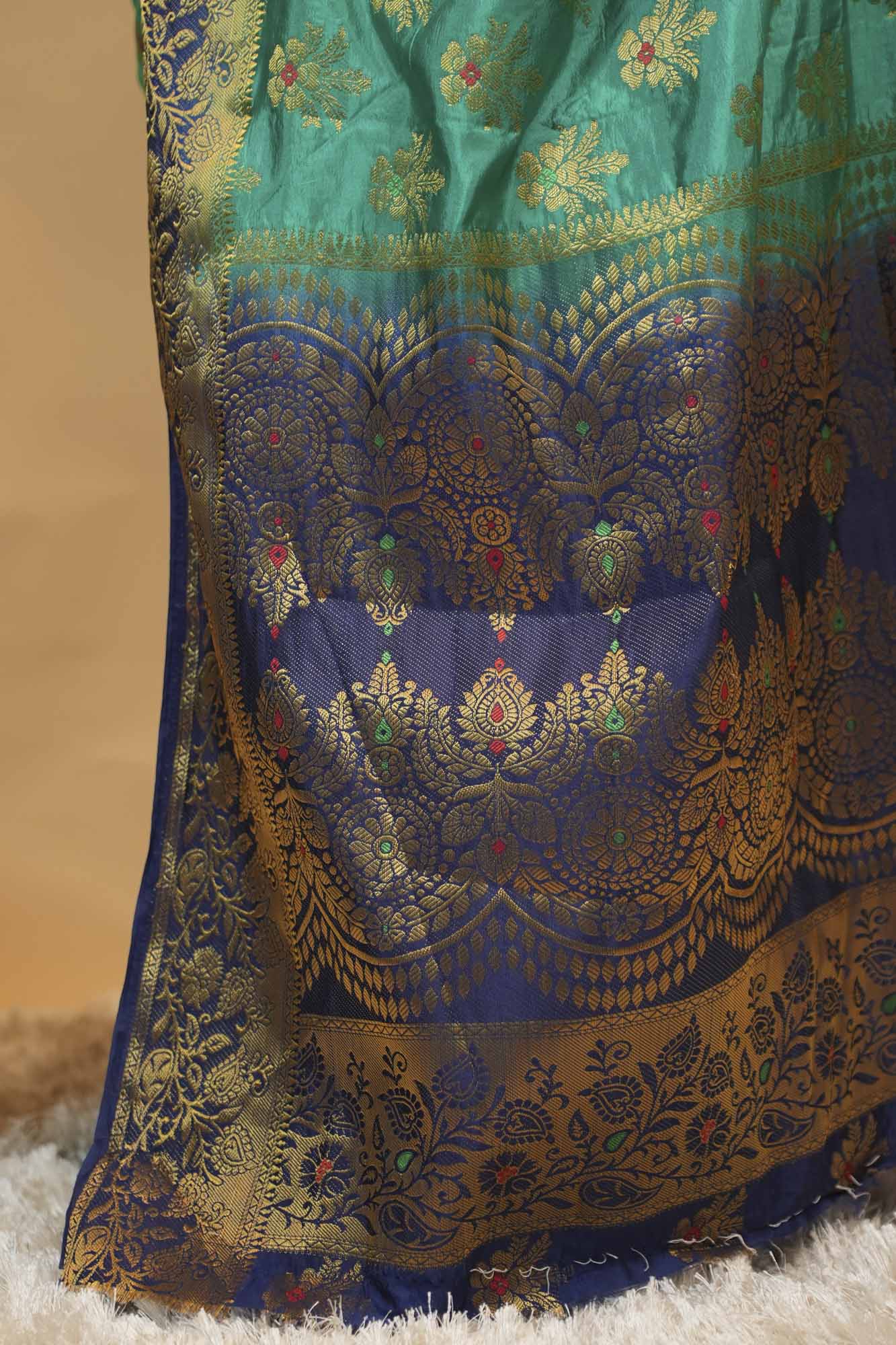 Premium Turquoise Banarasi Silk  with Gold Zari Buti & Rich Woven Pallu Ready To Wear Saree