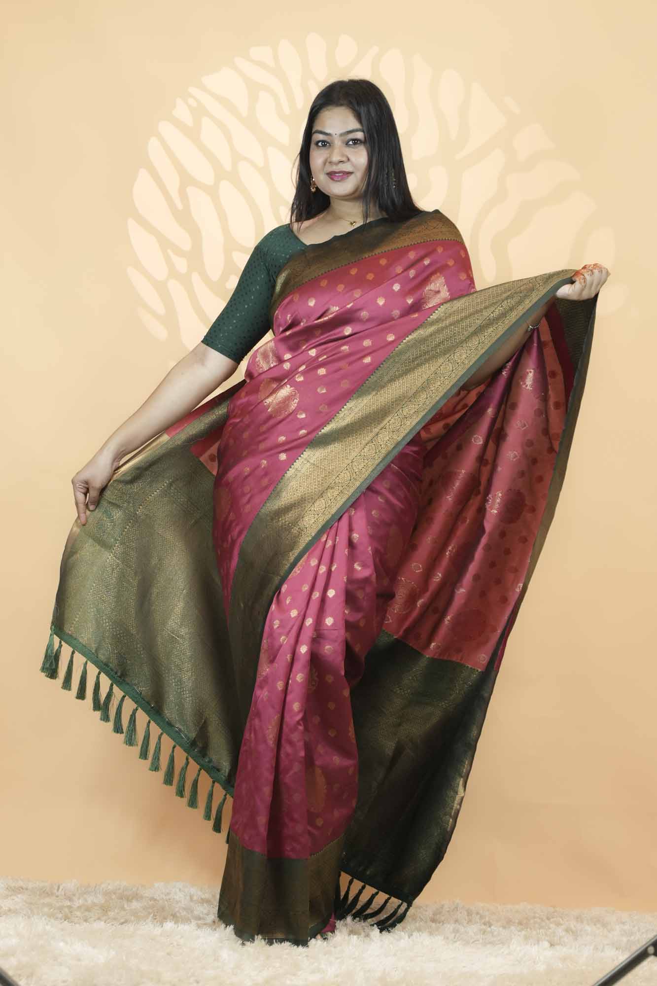 Banarasi Silk Inspired  with Gold Zari Buti, Rich Woven Border & Tassel  Ready To Wear Saree