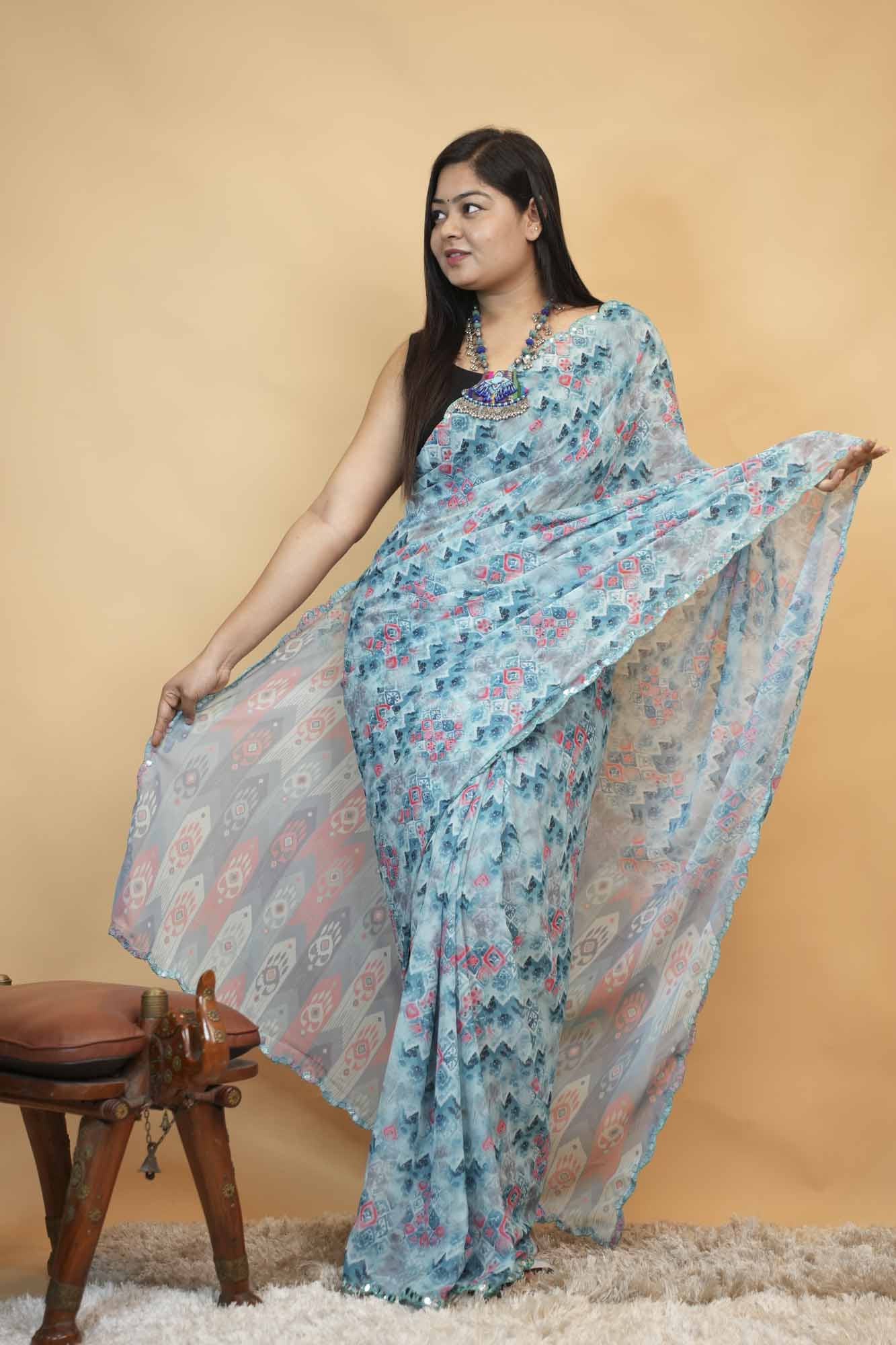 Sky Blue Printed Georgette  With Geometric Design Prestitch Saree