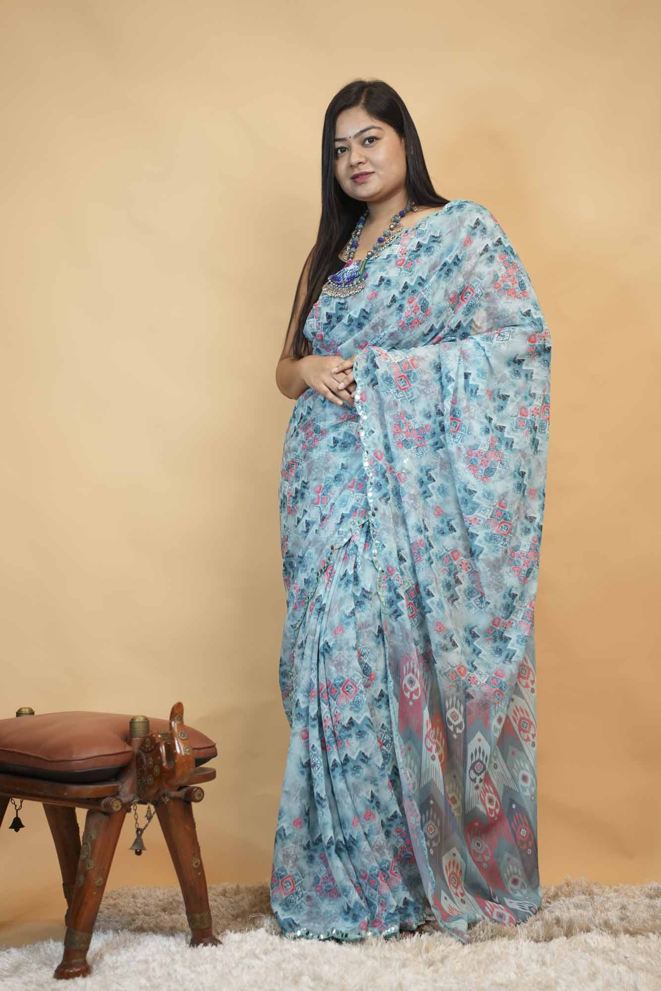 Sky Blue Printed Georgette  With Geometric Design Prestitch Saree