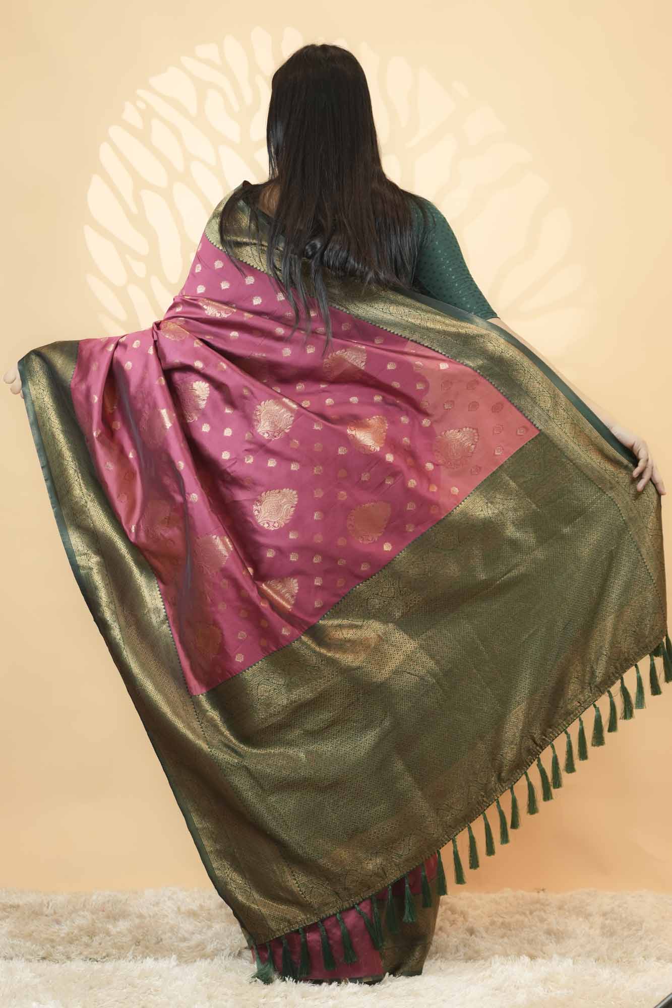 Banarasi Silk Inspired  with Gold Zari Buti, Rich Woven Border & Tassel  Ready To Wear Saree