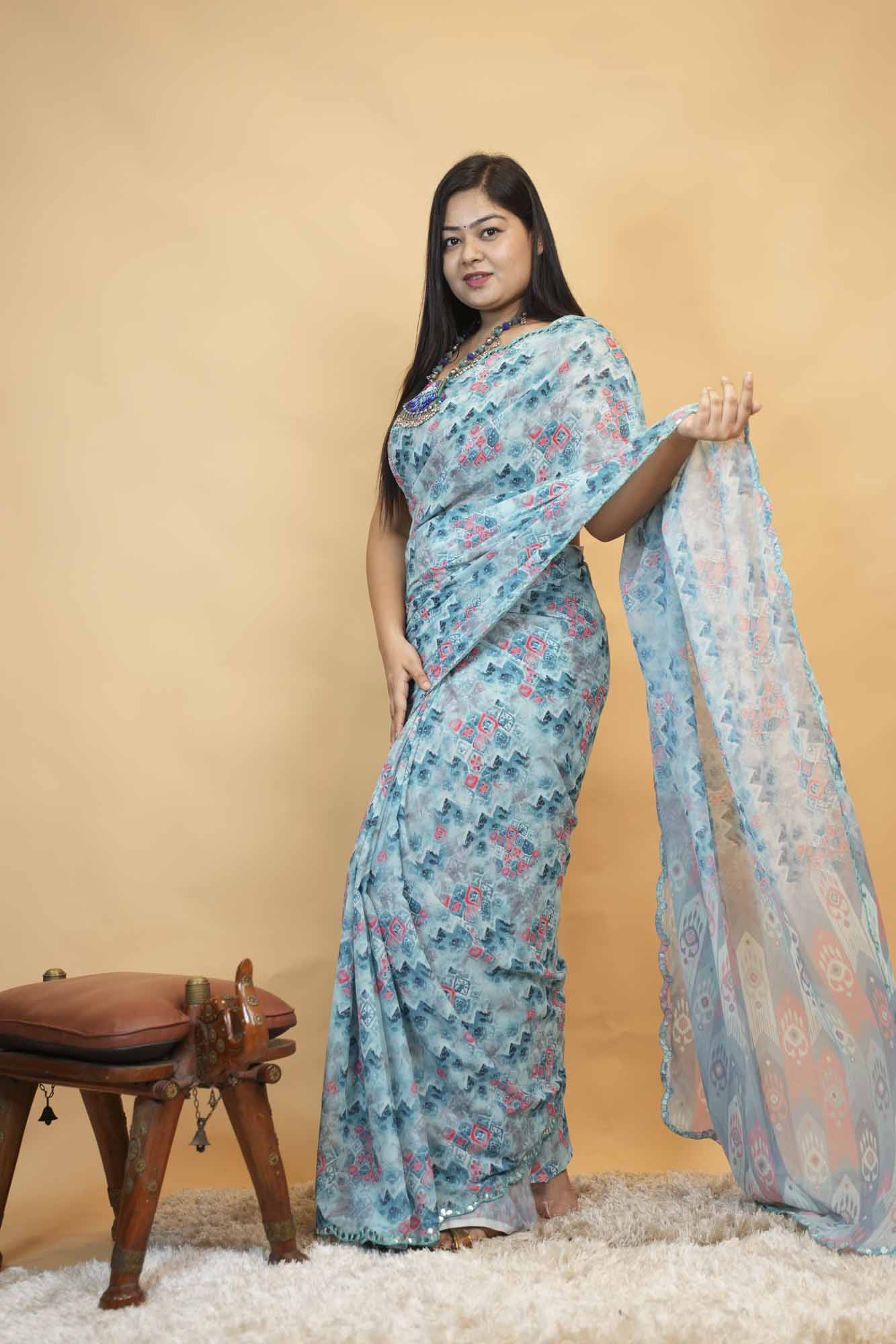 Sky Blue Printed Georgette  With Geometric Design Prestitch Saree