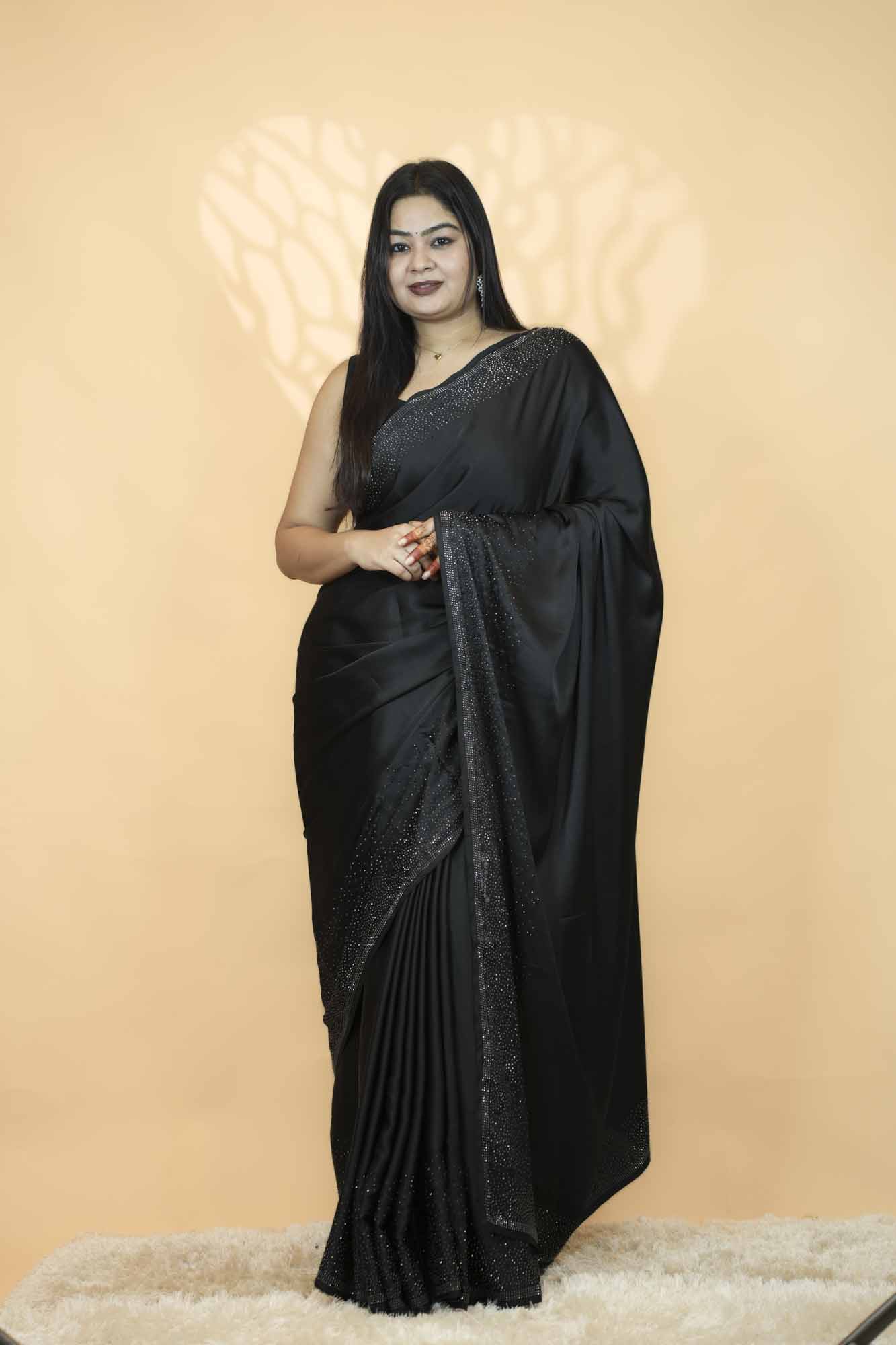 Elegant Black with Premium Stone Embellished Border Ready-to-Wear Saree