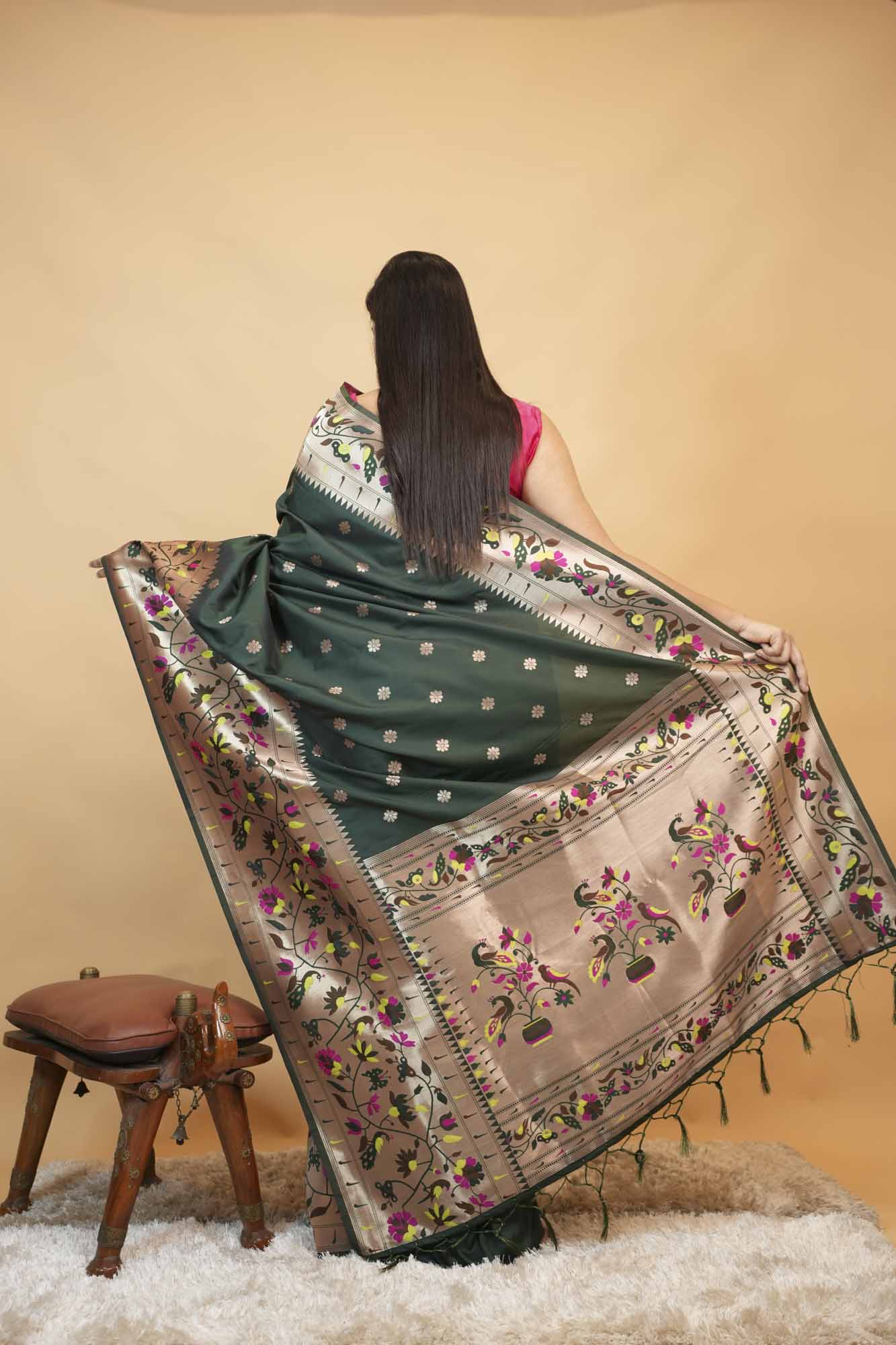 Beautiful Paithani Bottle Green With Madhubani Art  & Buttis Overall Pre Draped Saree