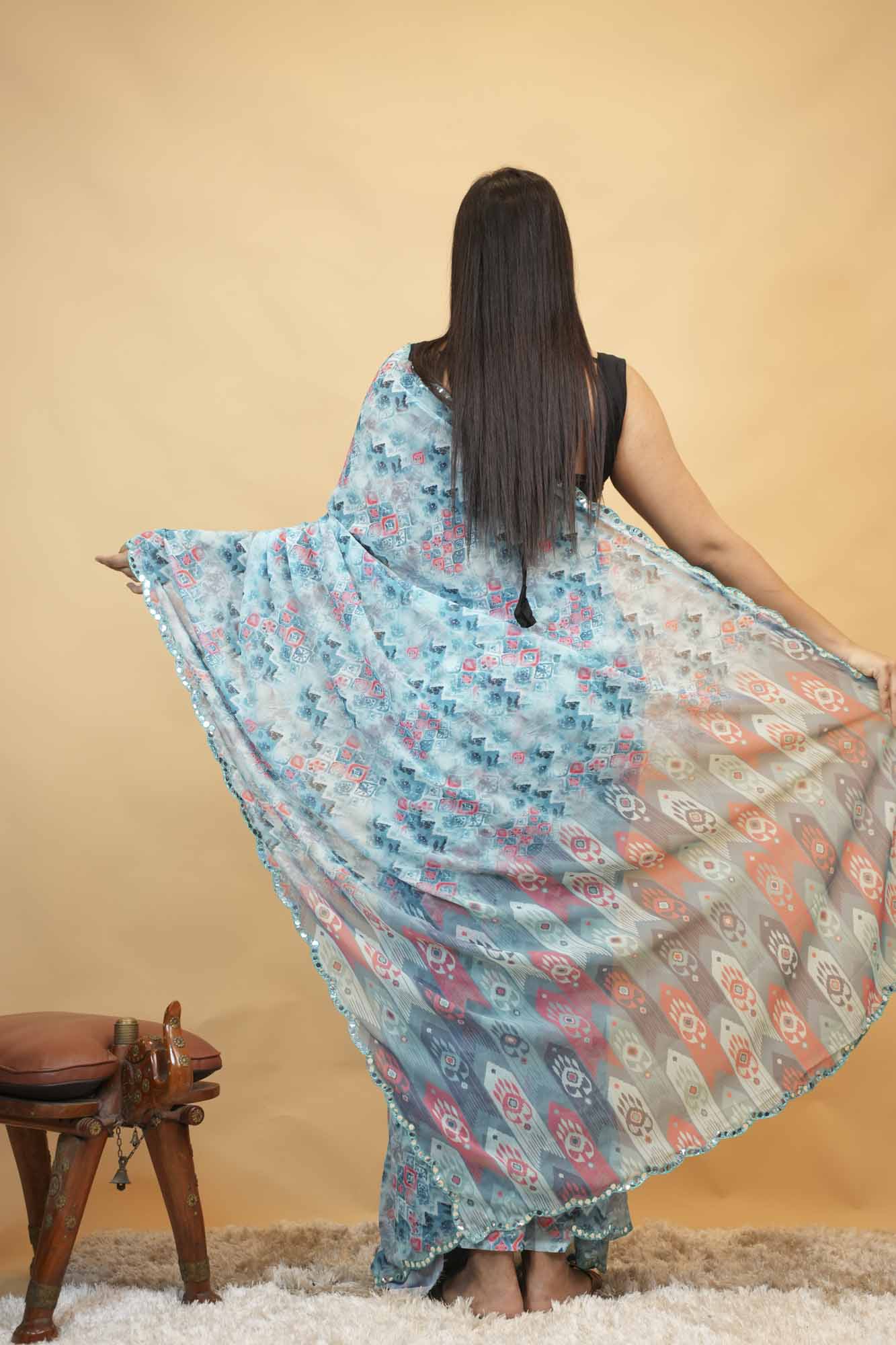 Sky Blue Printed Georgette  With Geometric Design Prestitch Saree